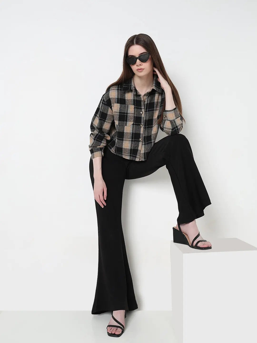Women's Checked Black Relaxed Fit Crop Shirt - Uncategorized from SHOWOFFFF