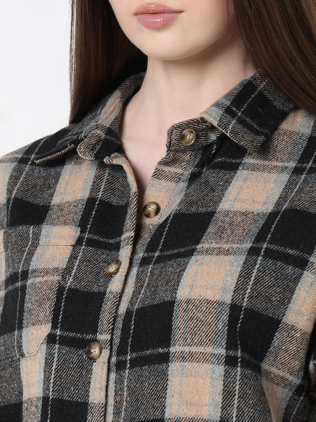 Women's Checked Black Relaxed Fit Crop Shirt - Uncategorized from SHOWOFFFF
