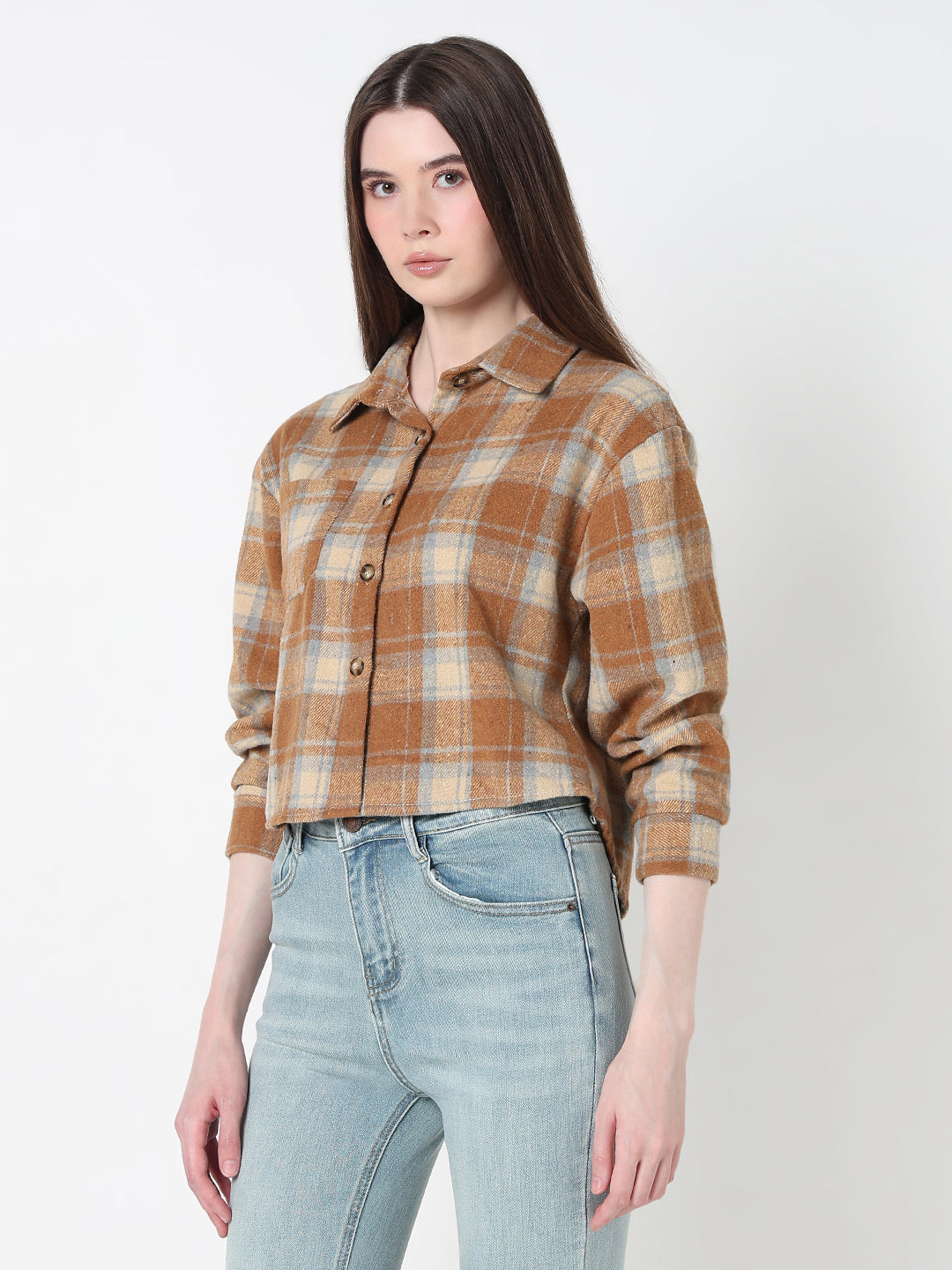 Women's Checked Brown Relaxed Fit Crop Shirt
