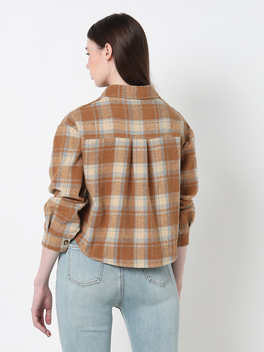 Women's Checked Brown Relaxed Fit Crop Shirt