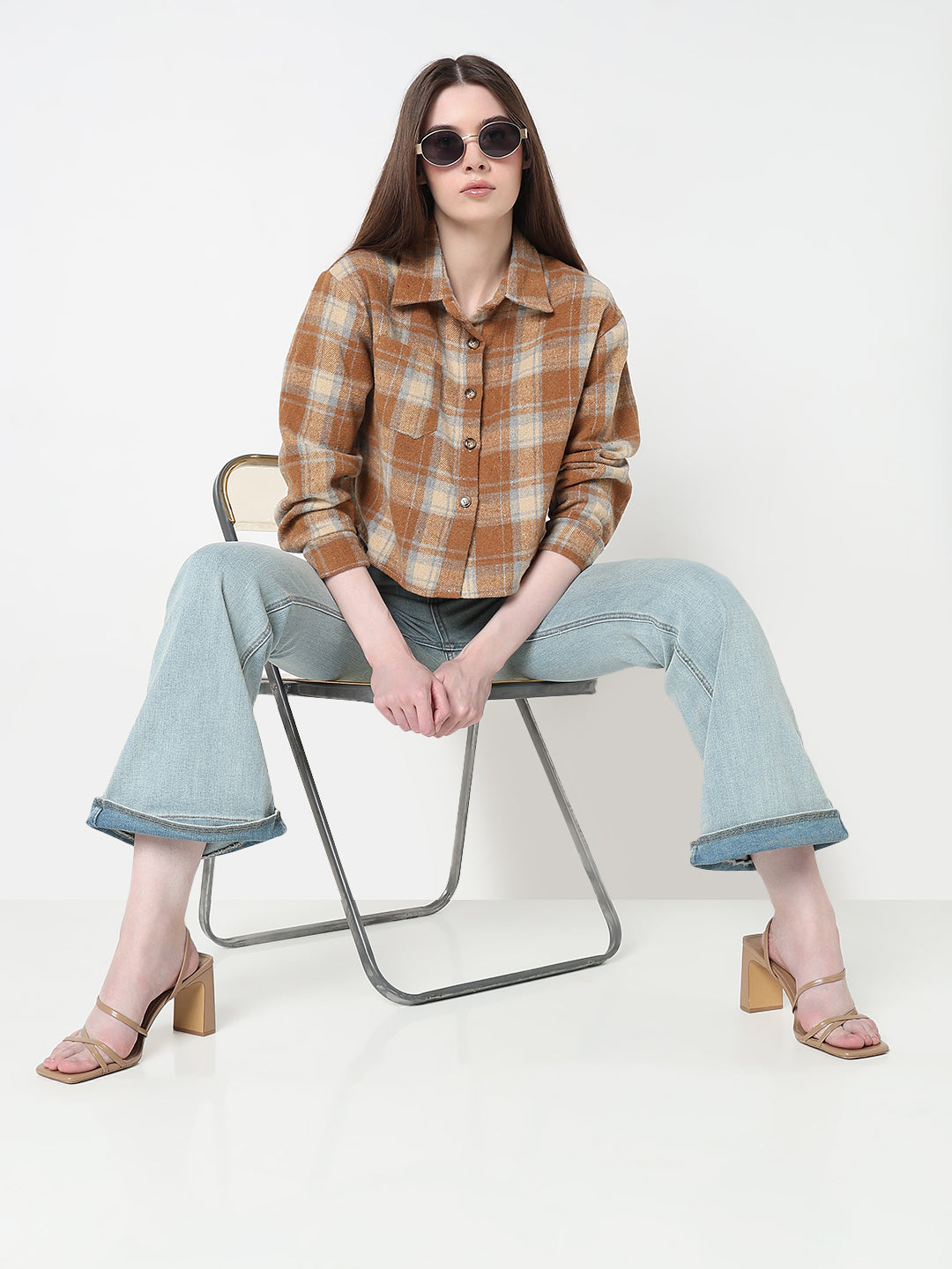 Women's Checked Brown Relaxed Fit Crop Shirt