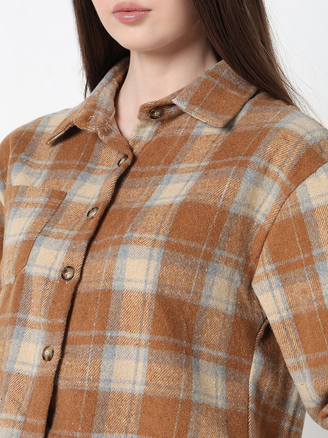 Women's Checked Brown Relaxed Fit Crop Shirt