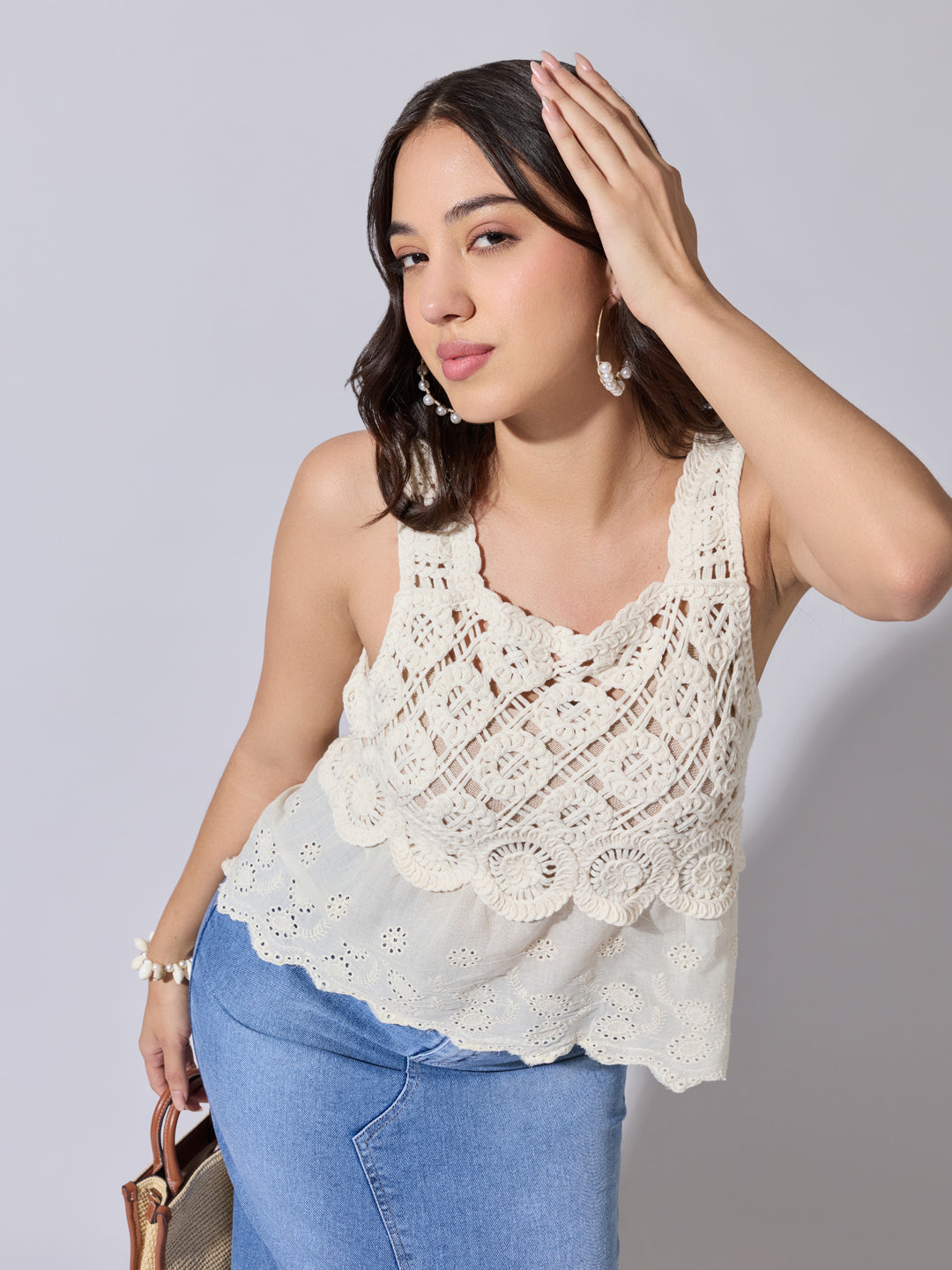 Women's Panelled Cream Crochet Sleeveless Top