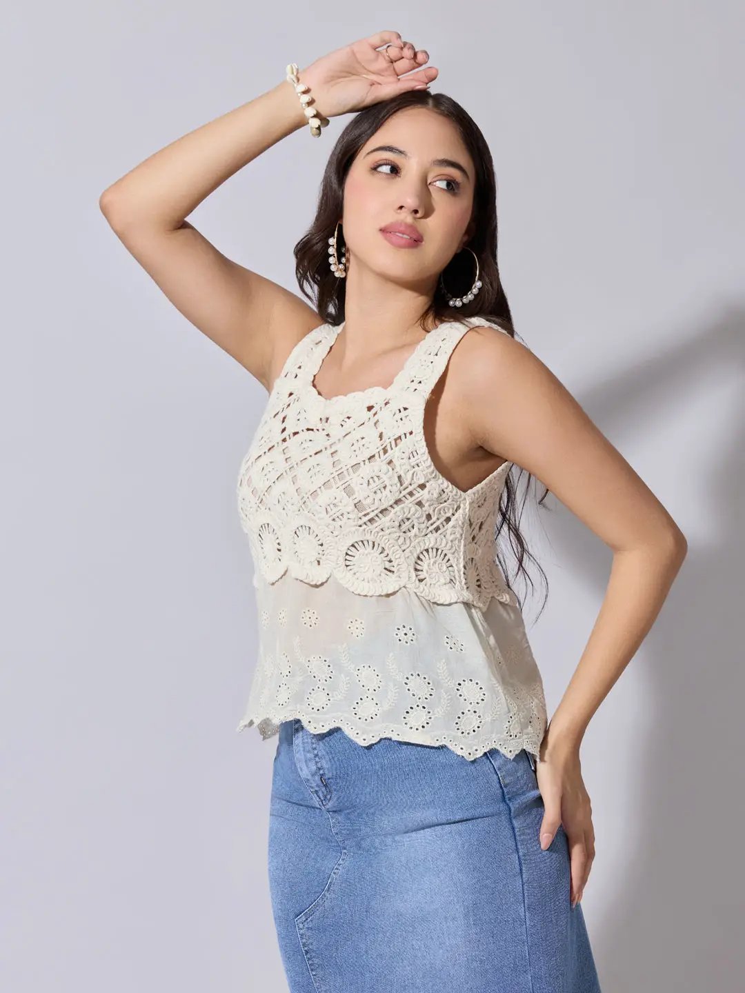 Women's Panelled Cream Crochet Sleeveless Top - from SHOWOFFFF