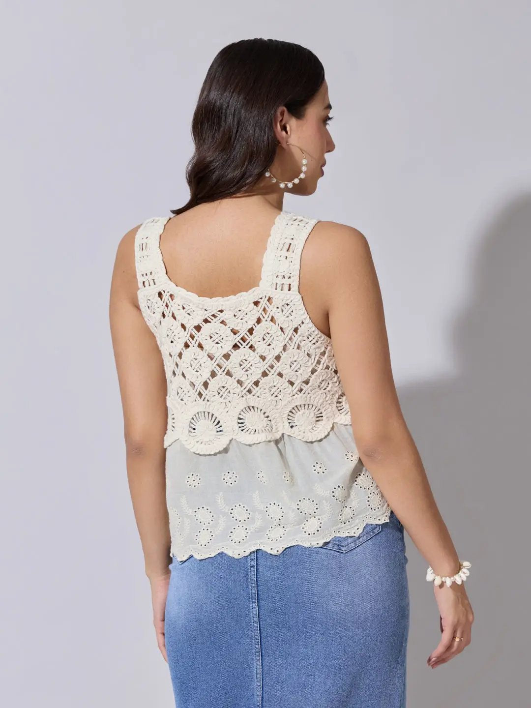 Women's Panelled Cream Crochet Sleeveless Top - from SHOWOFFFF
