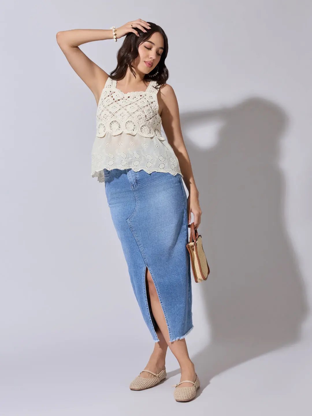 Women's Panelled Cream Crochet Sleeveless Top - from SHOWOFFFF