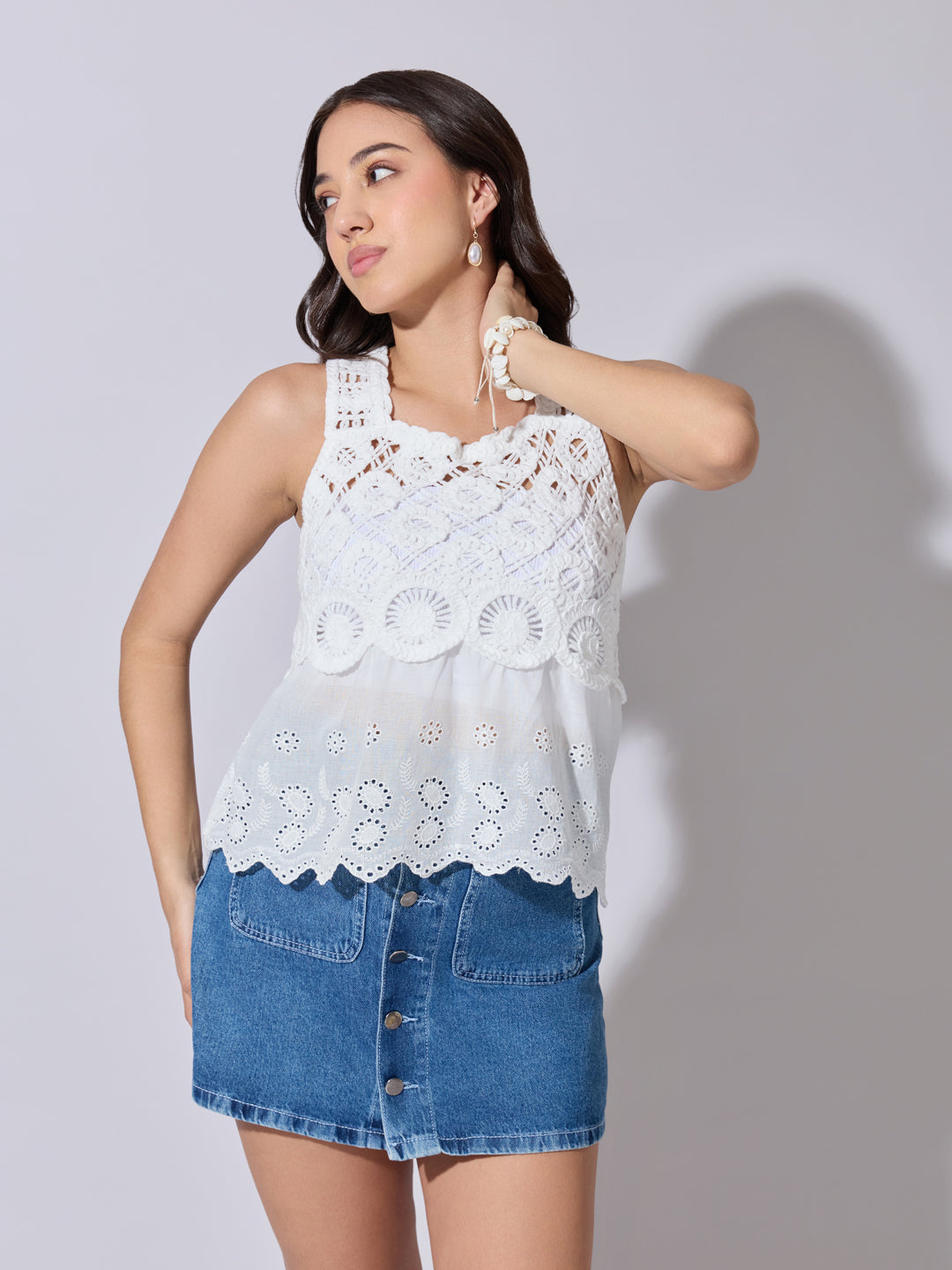 Women's Panelled White Crochet Sleeveless Top