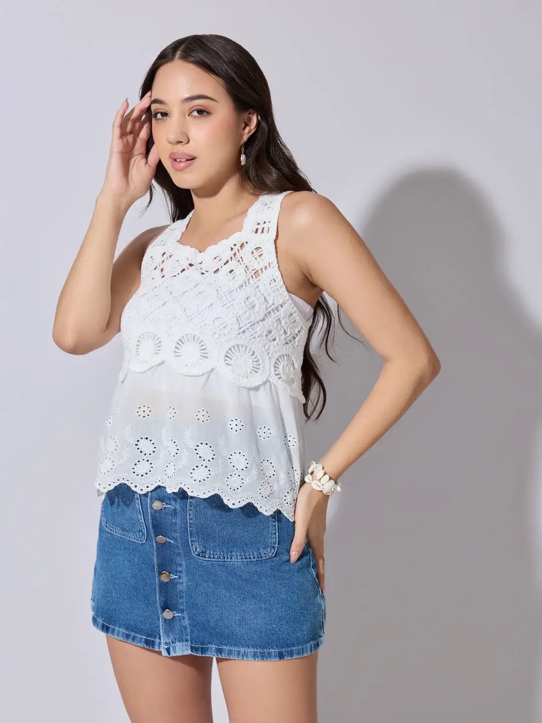 Women's Panelled White Crochet Sleeveless Top - from SHOWOFFFF