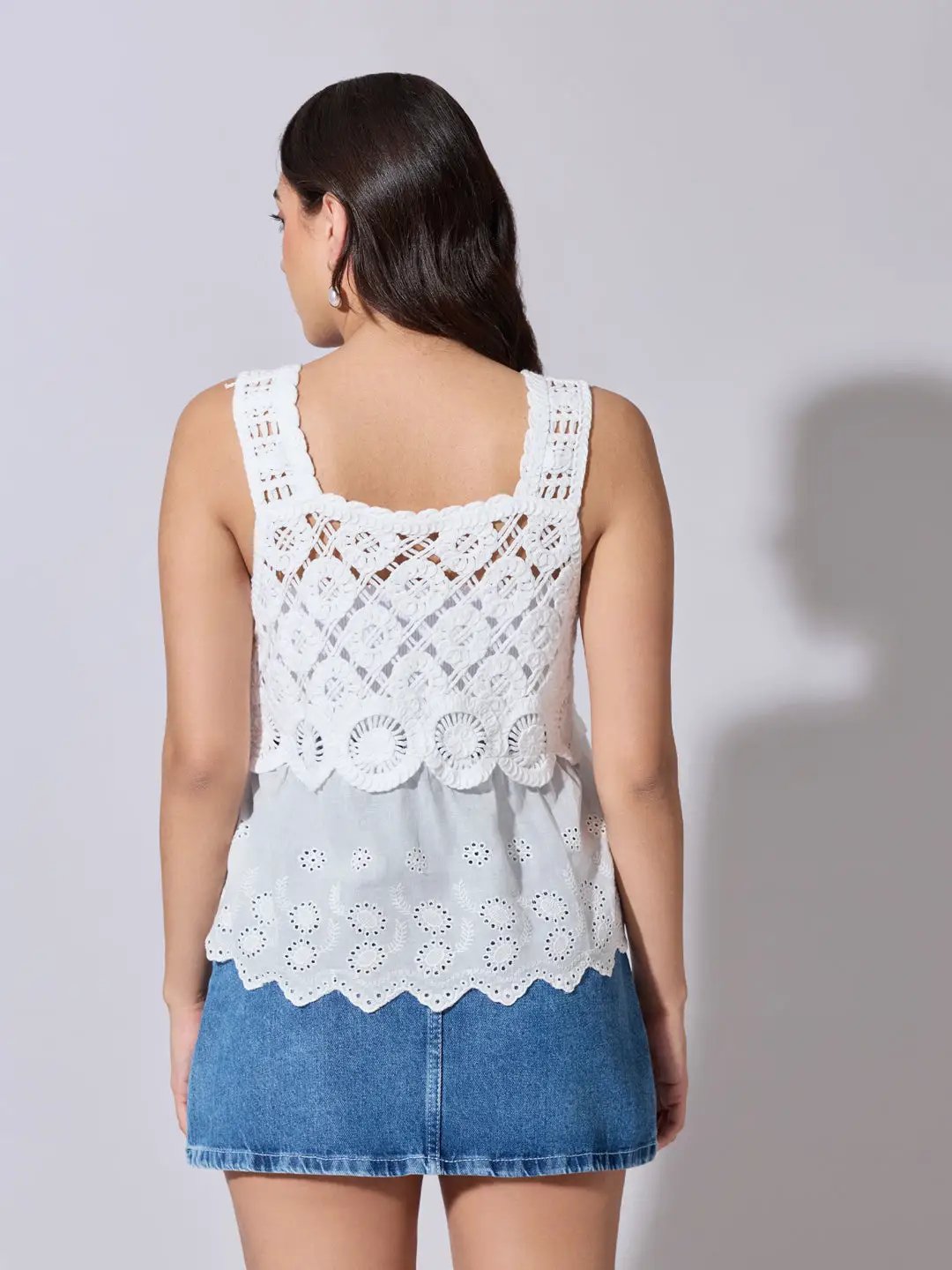 Women's Panelled White Crochet Sleeveless Top - from SHOWOFFFF