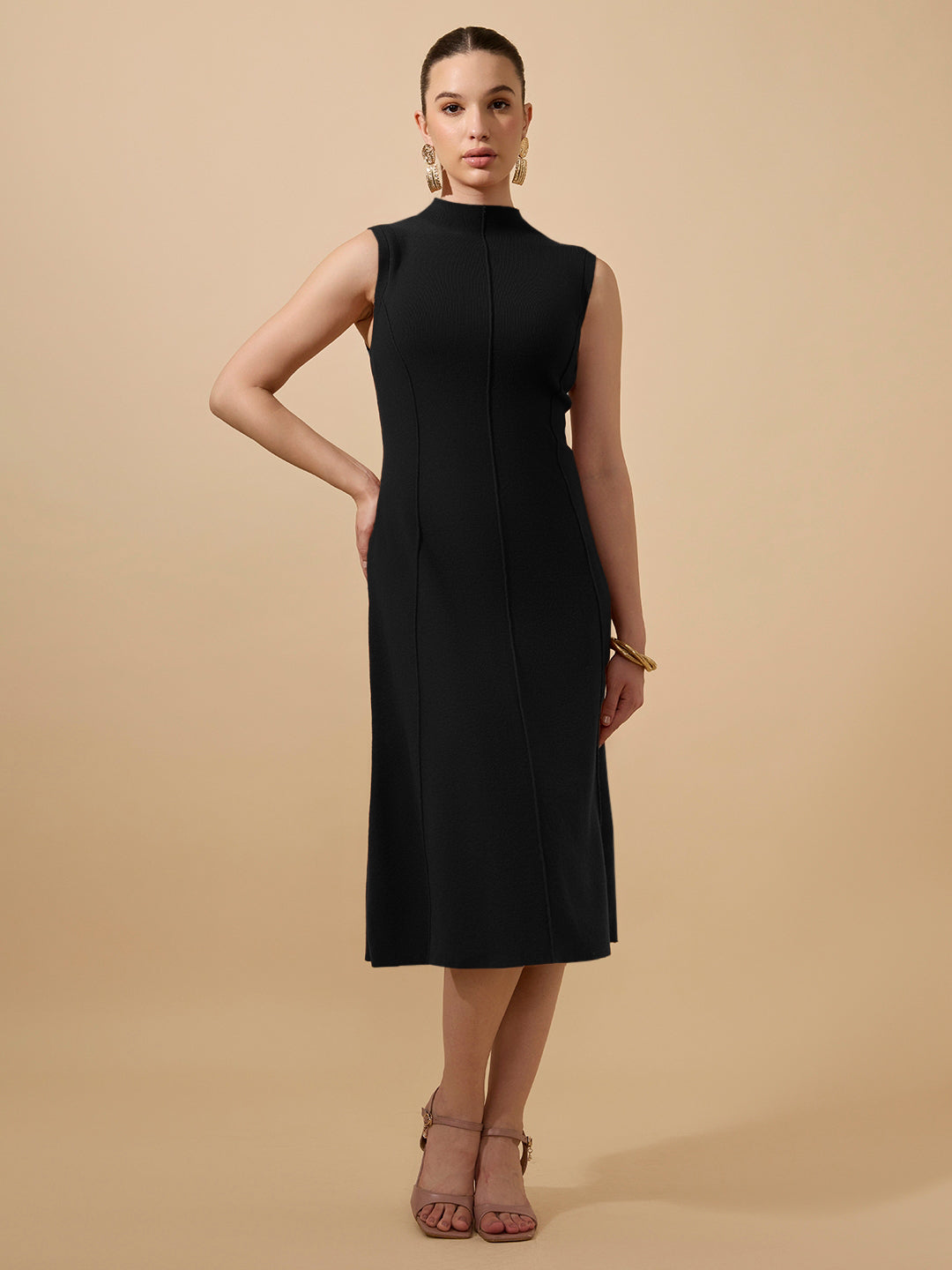 Women's Textured Black High Neck Sleeveless A-Line Midi Dress