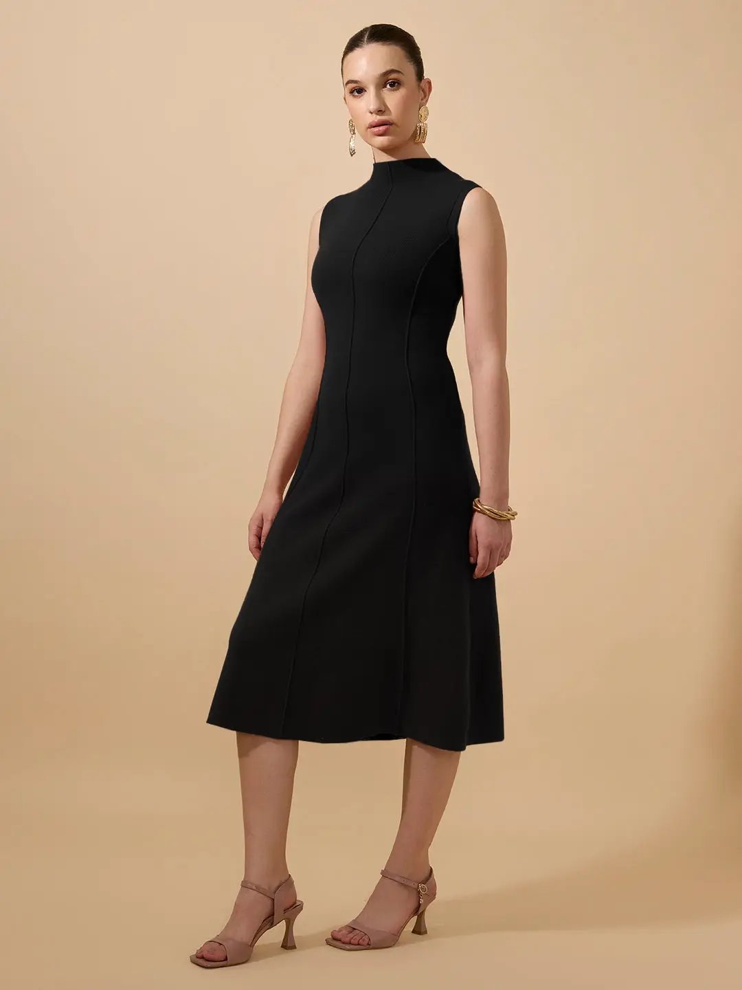 Shop Women's Textured Black High Neck Sleeveless A-Line Midi Dress| Showoffff Shop Women's Textured Black High Neck Sleeveless A-Line Midi Dress| Showoffff