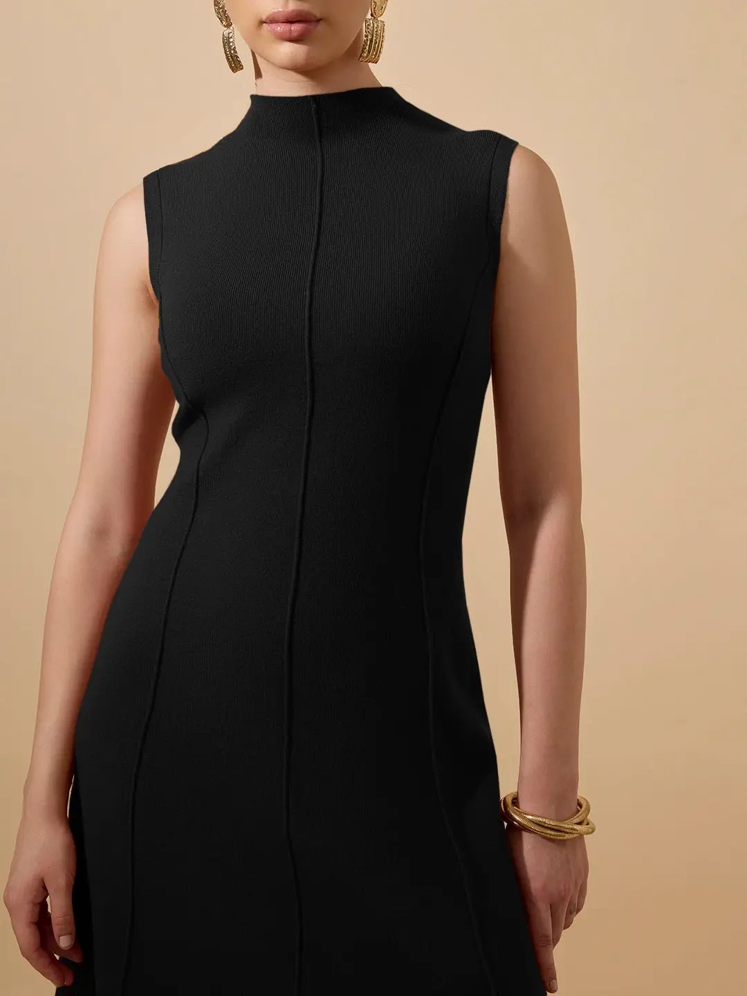 Shop Women's Textured Black High Neck Sleeveless A-Line Midi Dress| Showoffff Shop Women's Textured Black High Neck Sleeveless A-Line Midi Dress| Showoffff