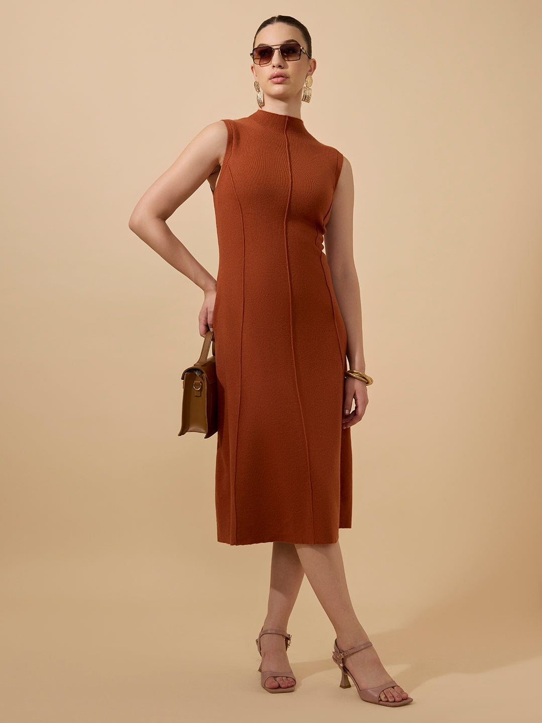 Women's Textured Rust High Neck Sleeveless A-Line Midi Dress