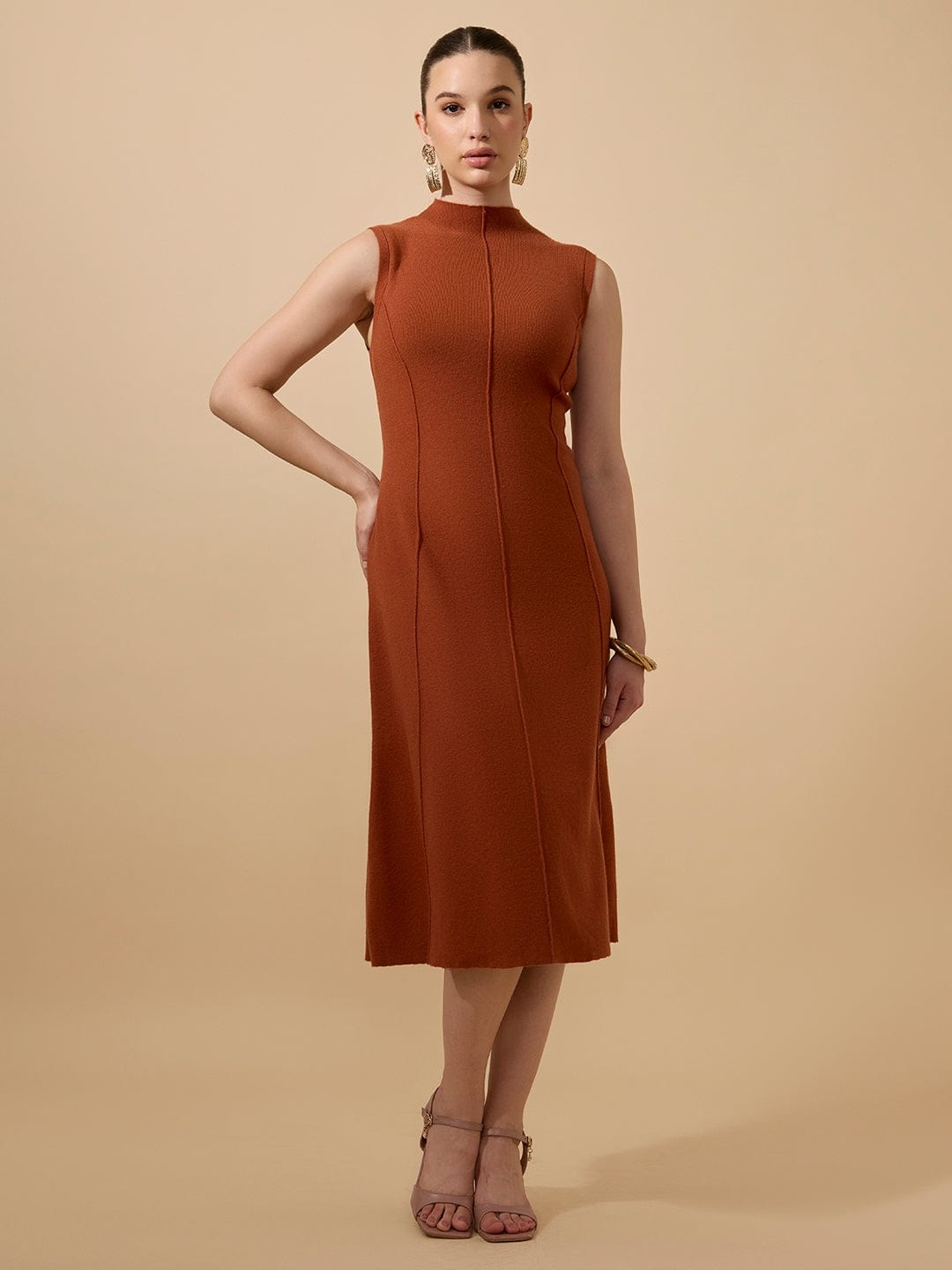 Women's Textured Rust High Neck Sleeveless A-Line Midi Dress