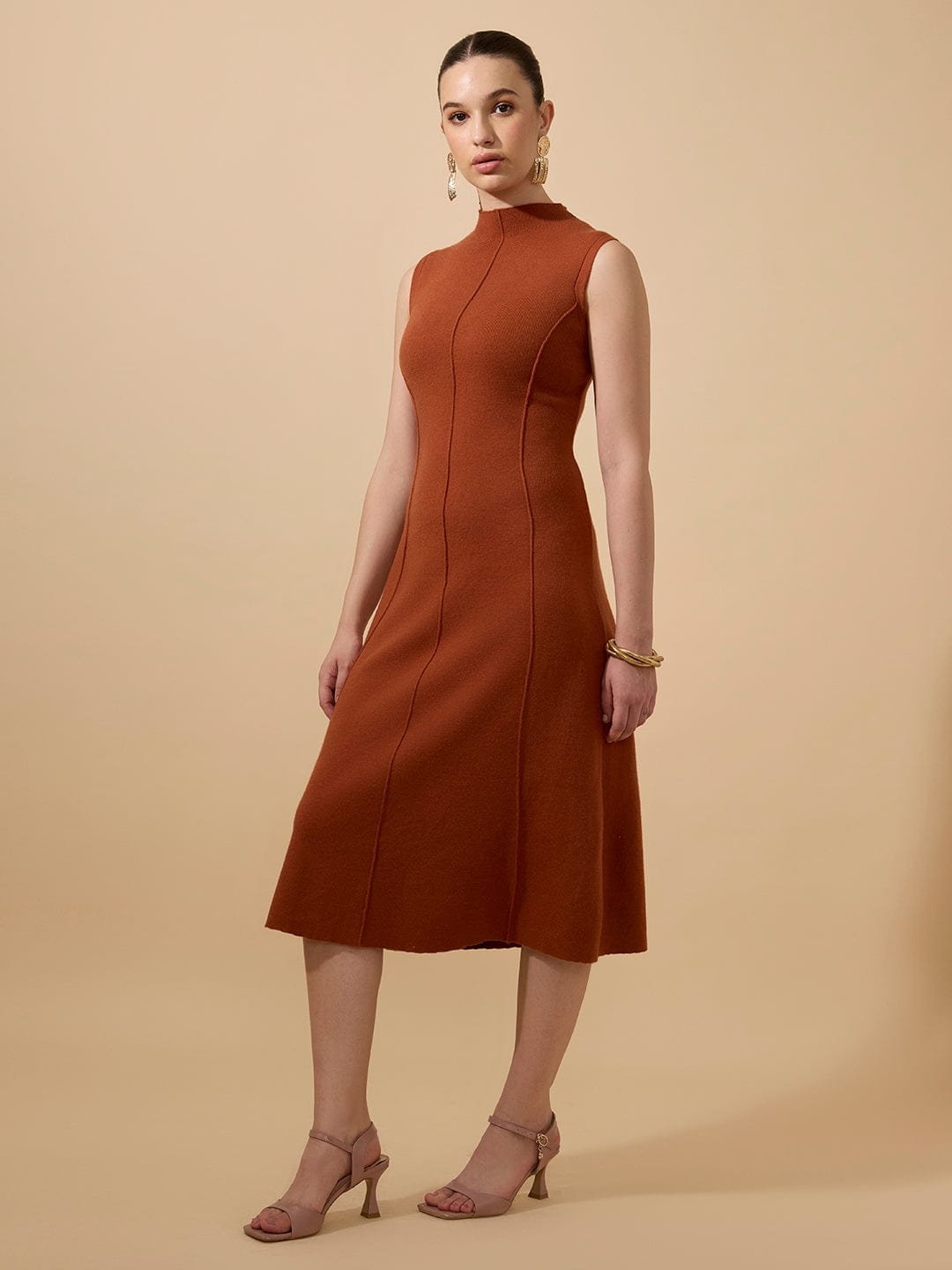 Women's Textured Rust High Neck Sleeveless A-Line Midi Dress