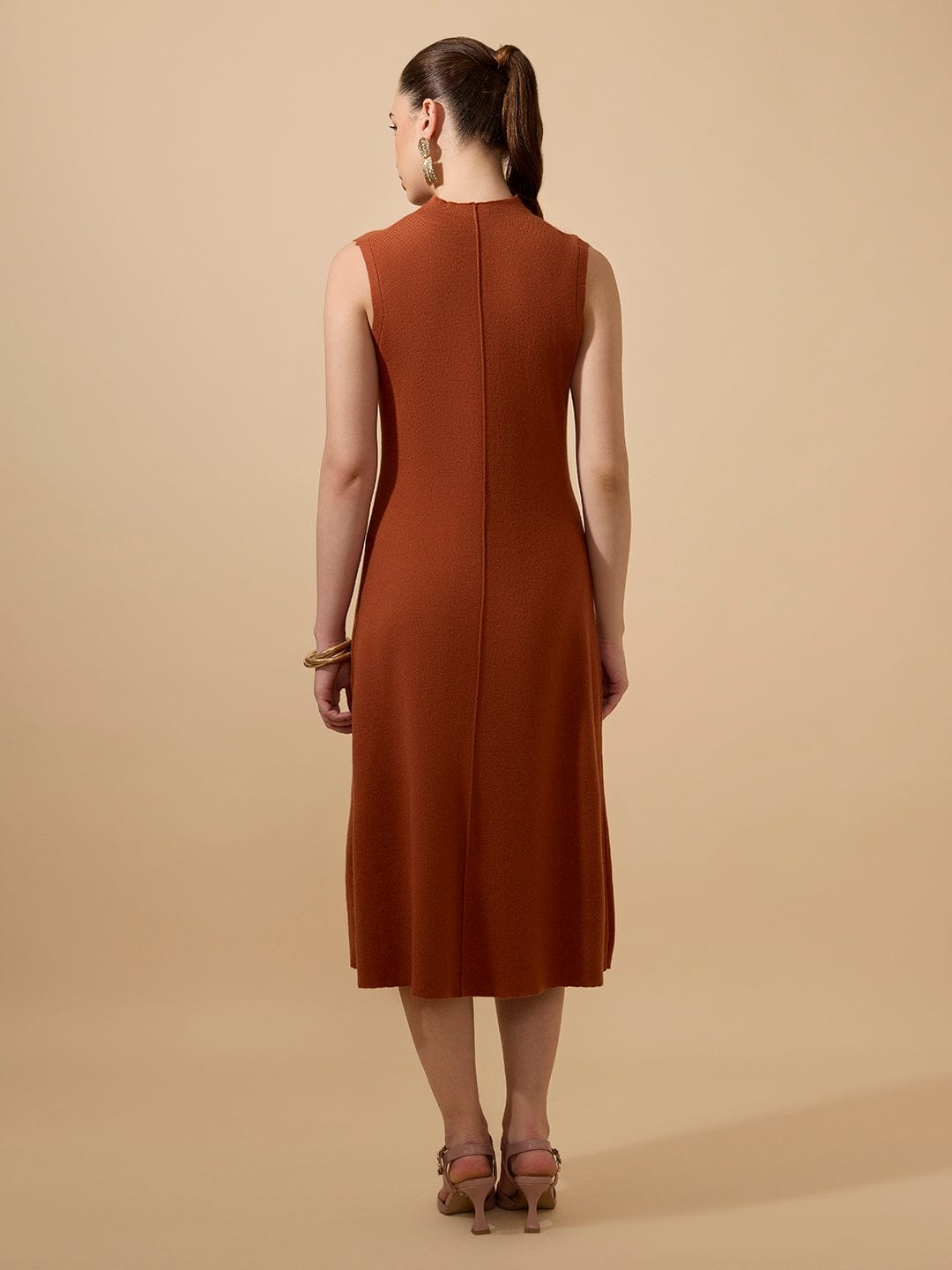 Women's Textured Rust High Neck Sleeveless A-Line Midi Dress