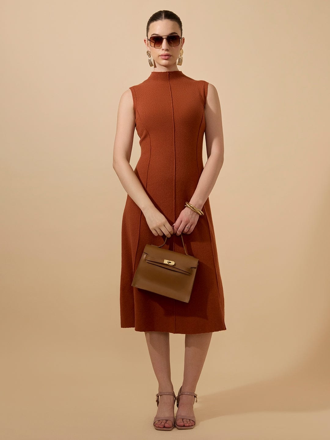 Women's Textured Rust High Neck Sleeveless A-Line Midi Dress