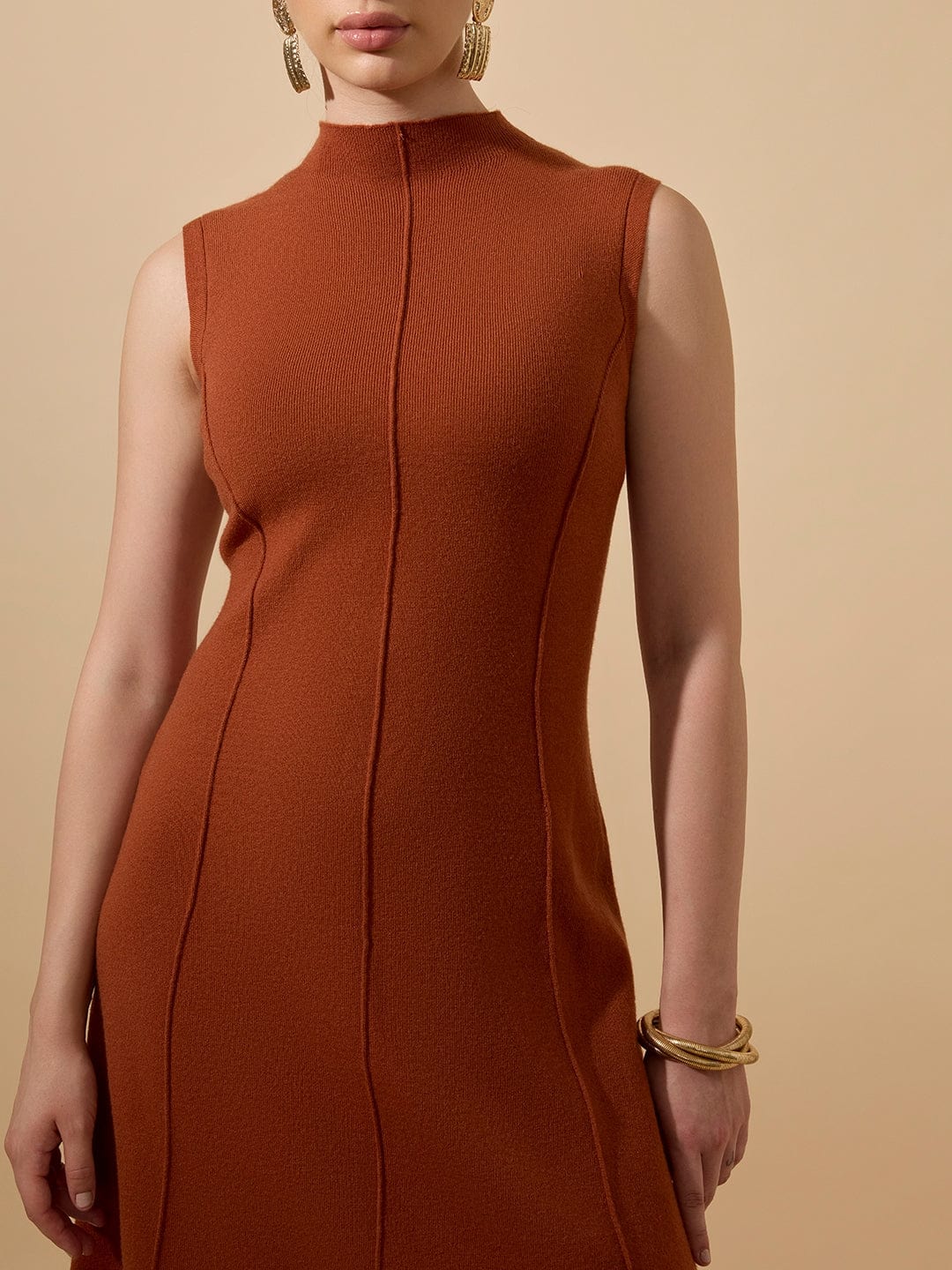 Women's Textured Rust High Neck Sleeveless A-Line Midi Dress