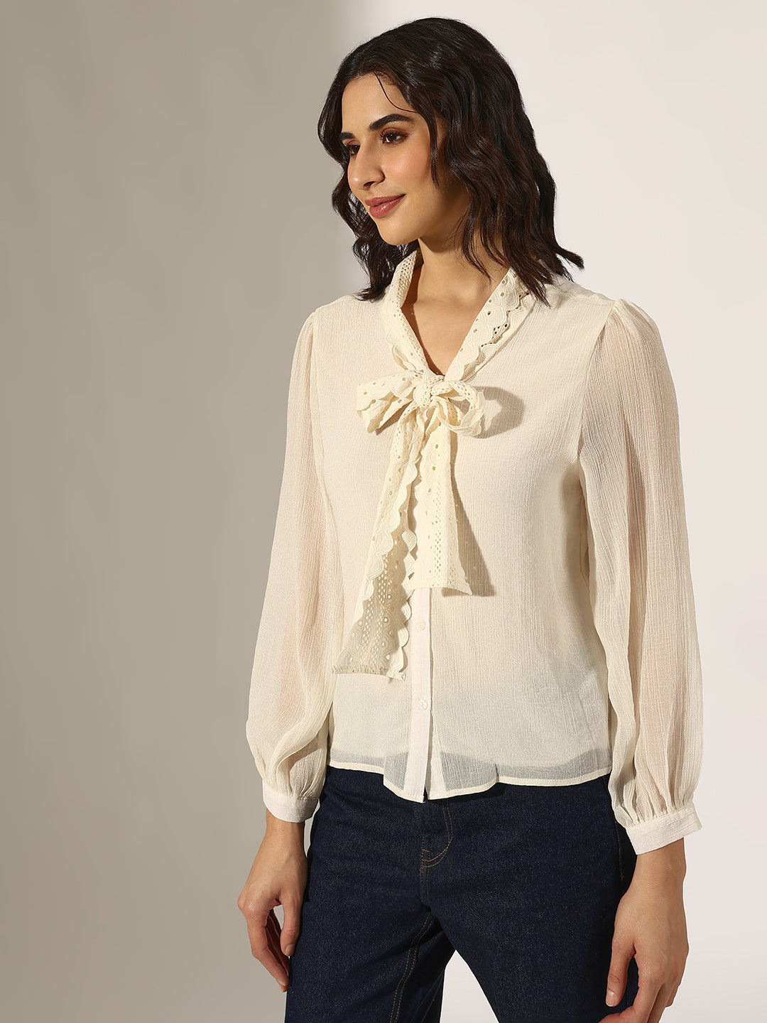 Women's Cream Tie-Up Neck Top