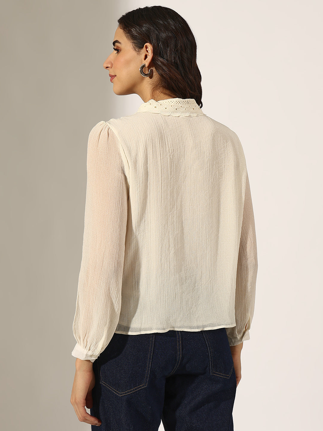 Women's Cream Tie-Up Neck Top