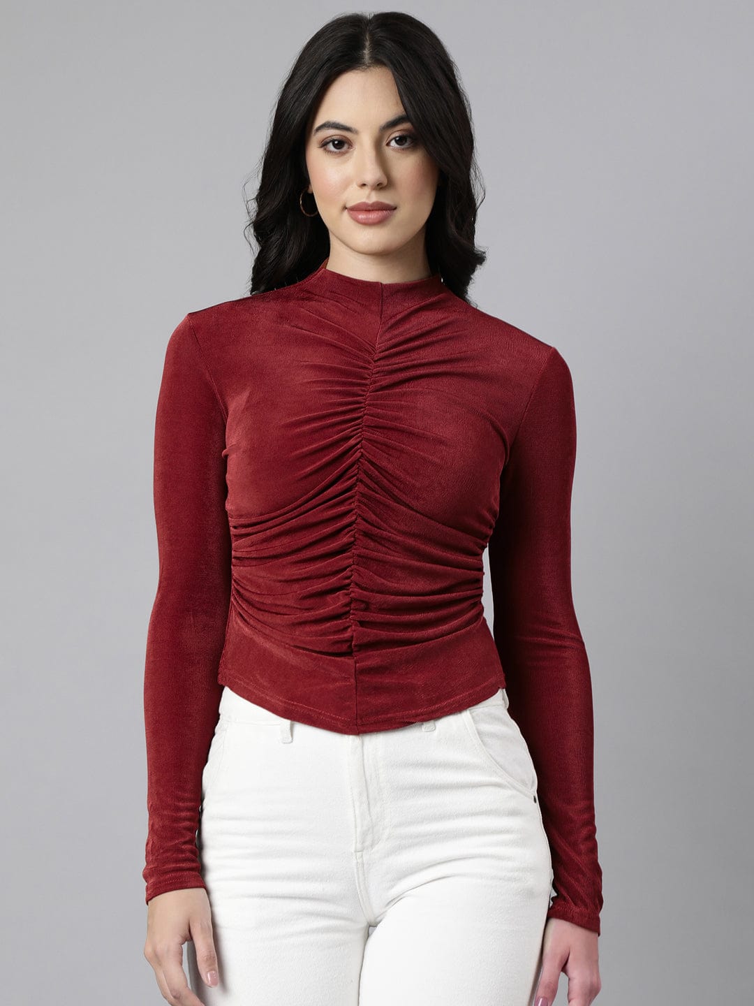 Women's Red High Neck Fitted Top