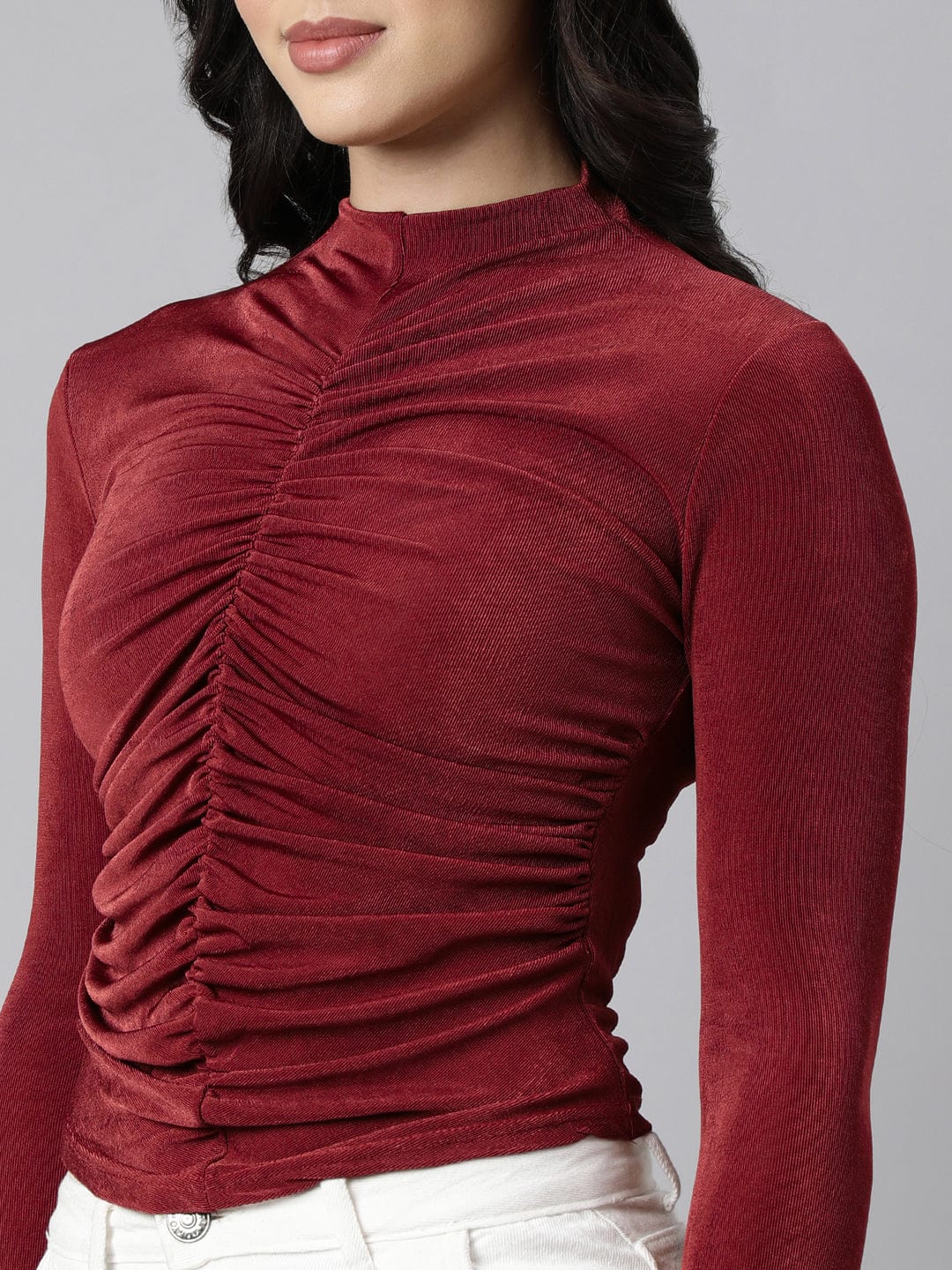 Women's Red High Neck Fitted Top