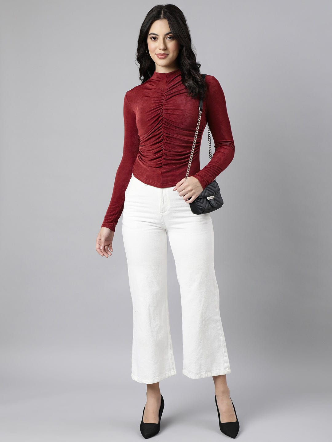 Women's Red High Neck Fitted Top