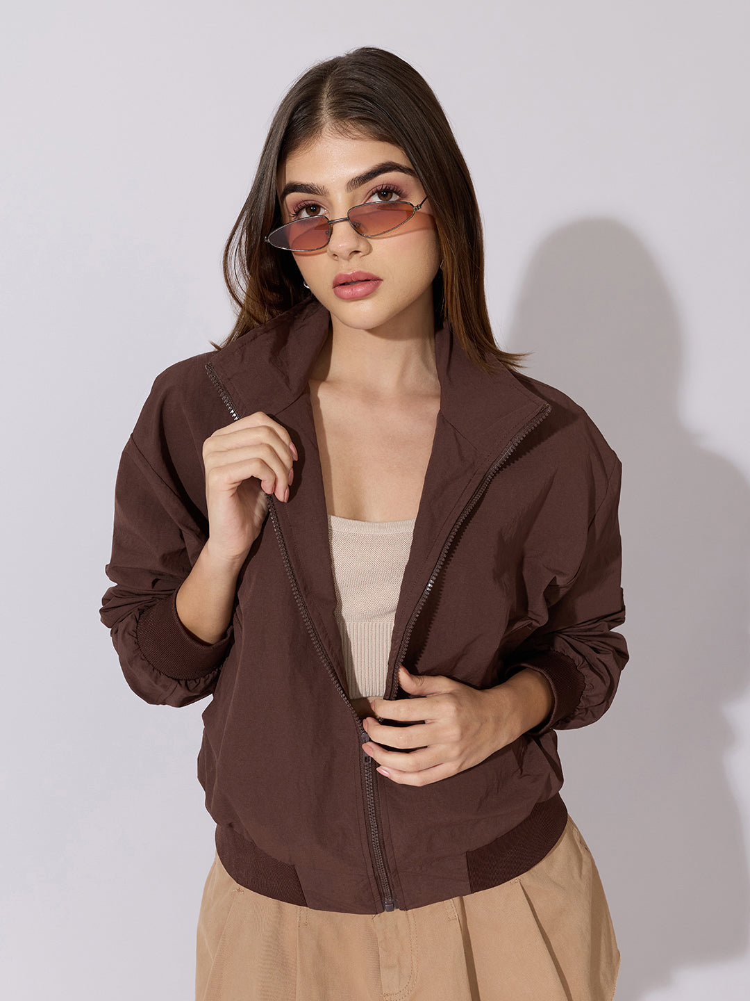 Women's Brown High Neck Zip-Up Bomber Jacket