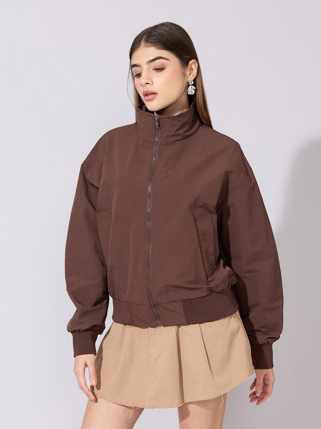 Women's Brown High Neck Zip-Up Bomber Jacket