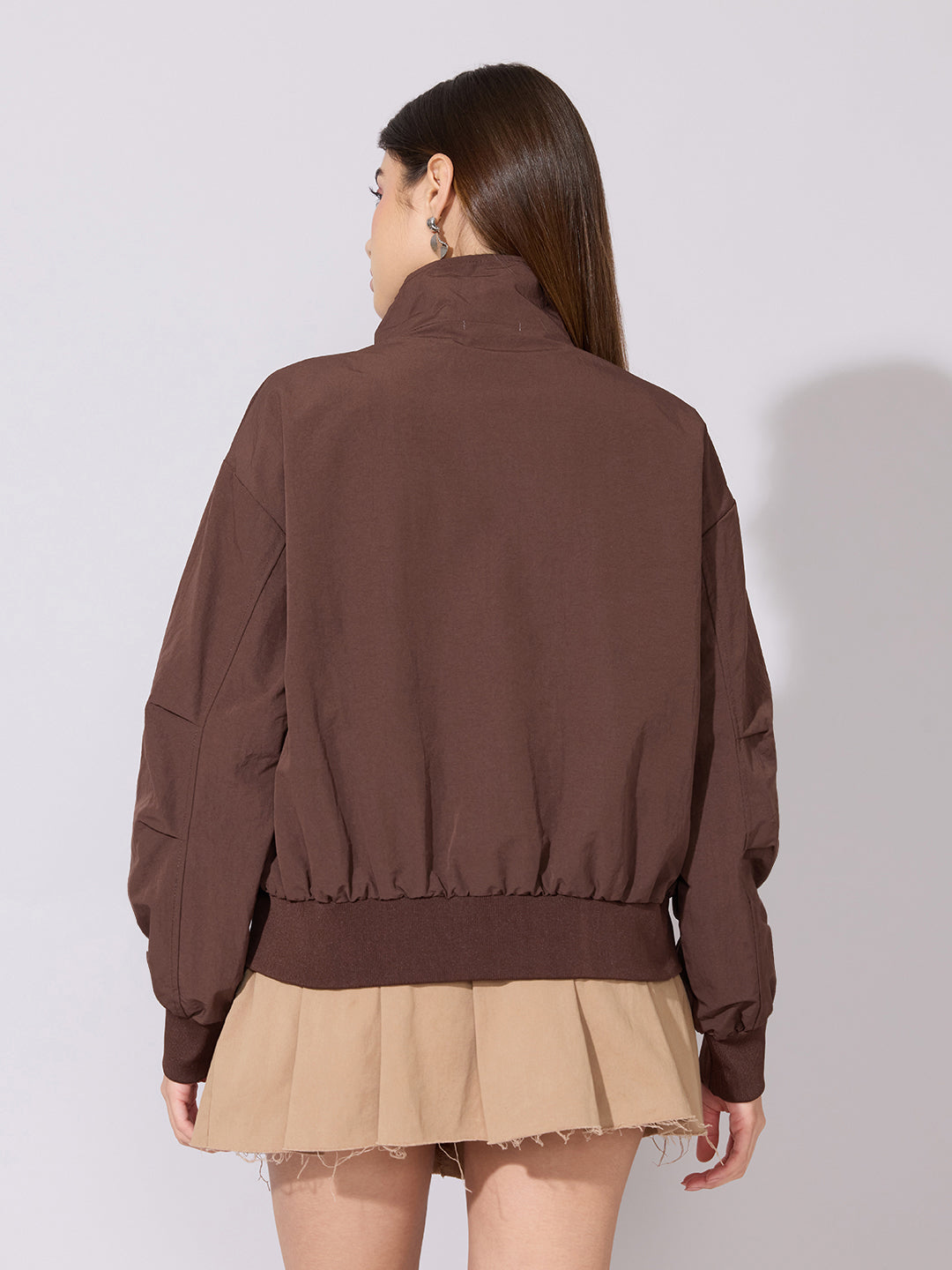 Women's Brown High Neck Zip-Up Bomber Jacket