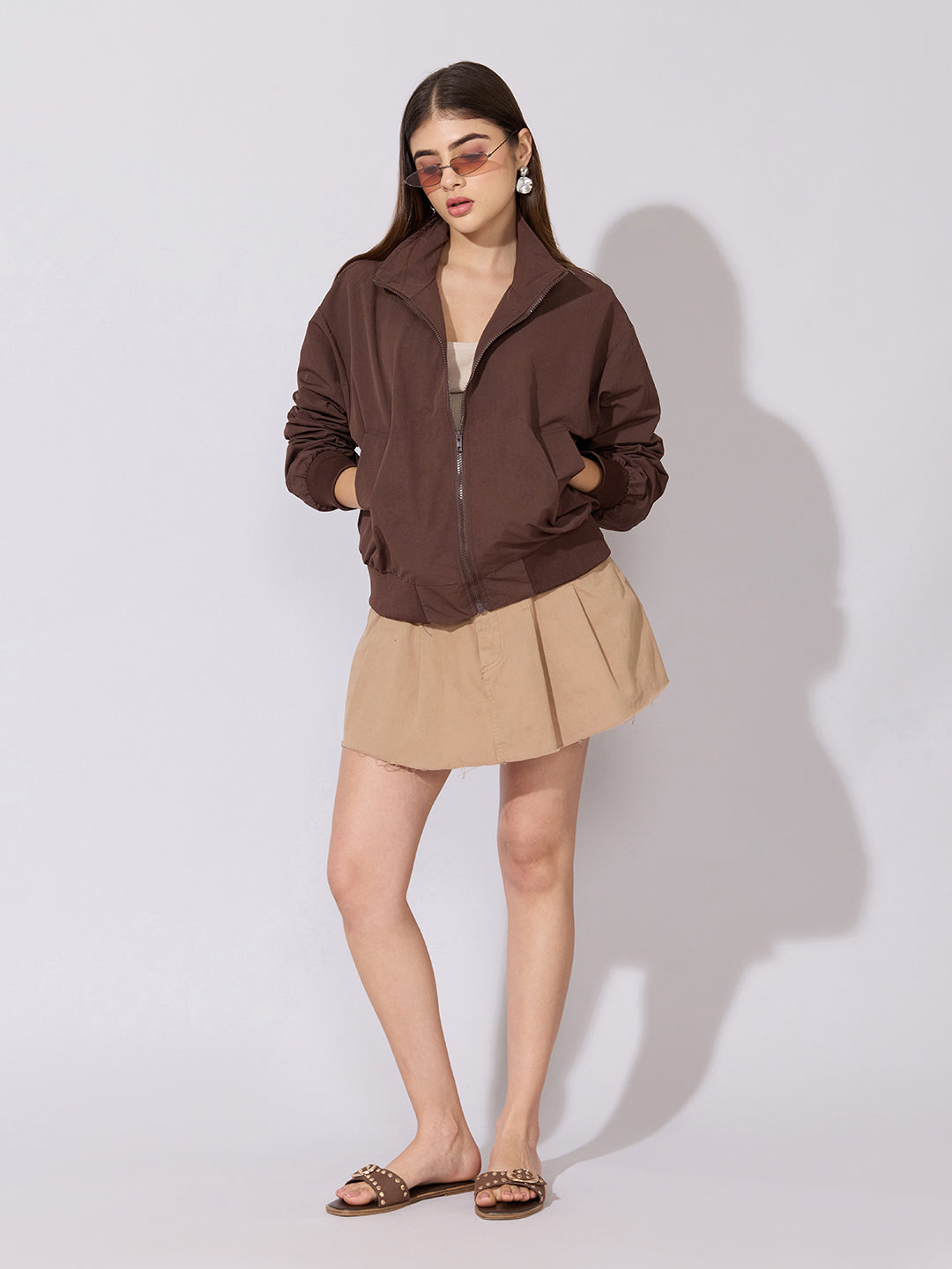 Women's Brown High Neck Zip-Up Bomber Jacket