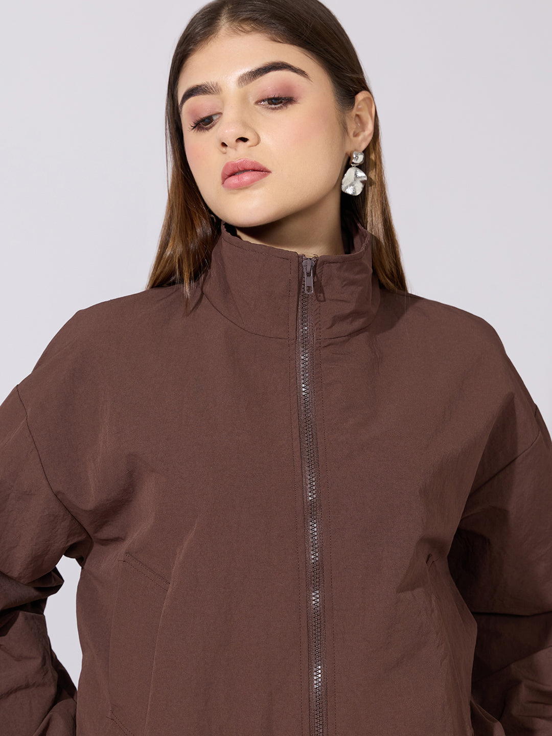 Women's Brown High Neck Zip-Up Bomber Jacket
