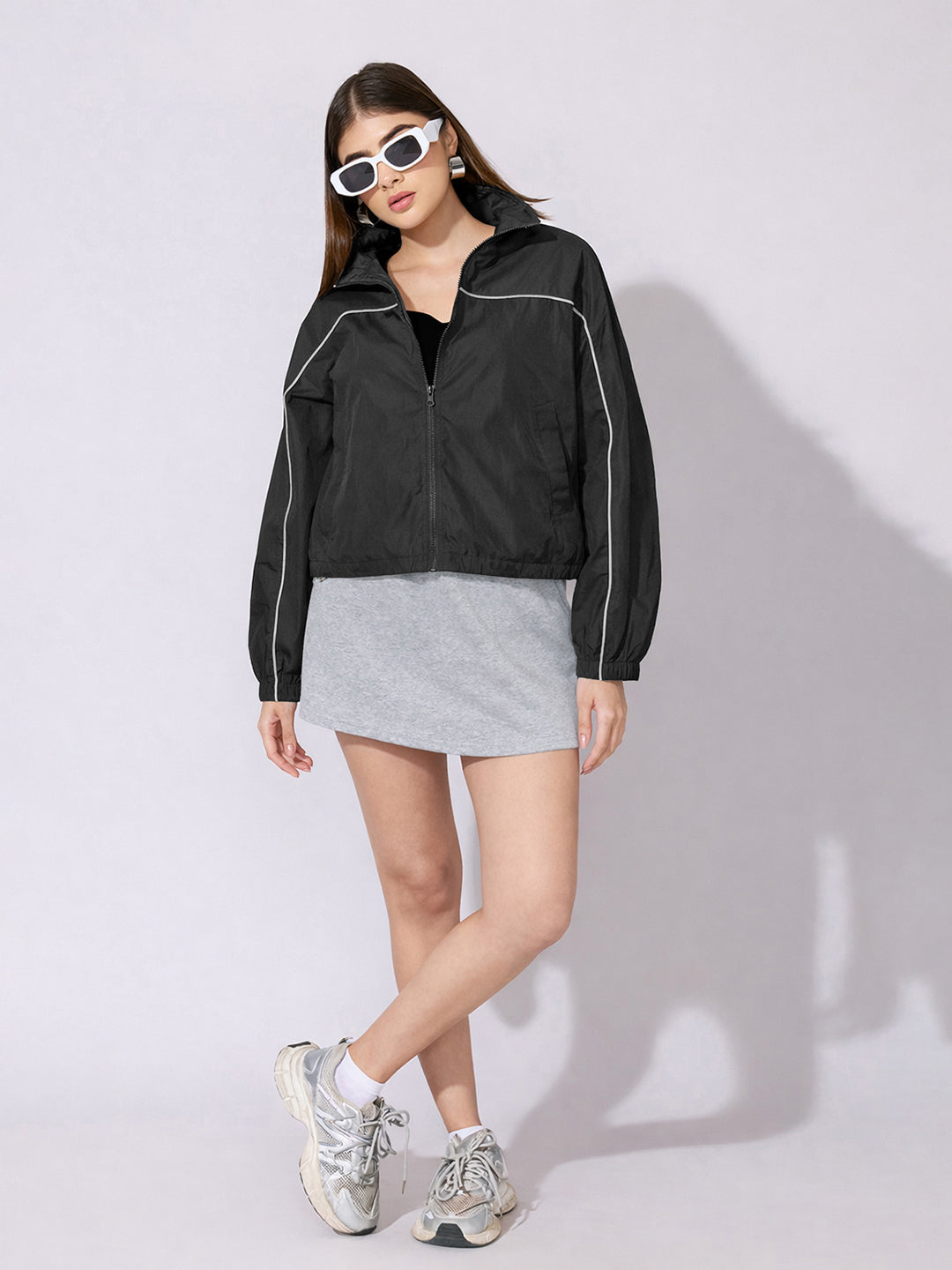 Women's Black Zip-Up Jacket with Contrast Piping