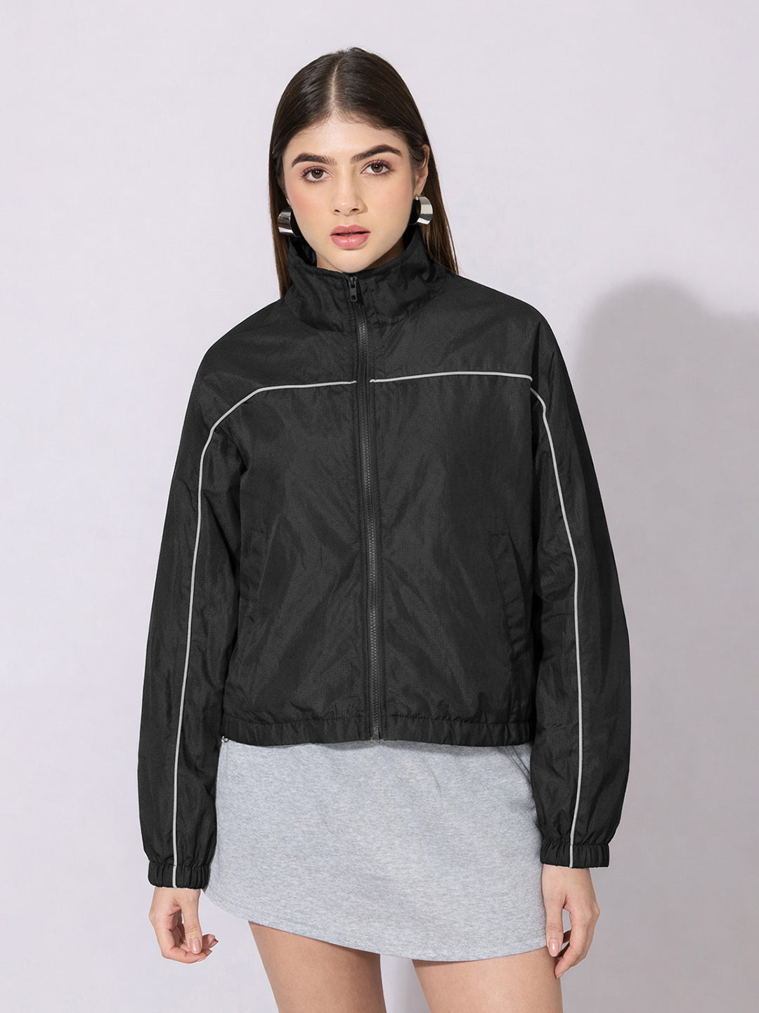 Women's Black Zip-Up Jacket with Contrast Piping