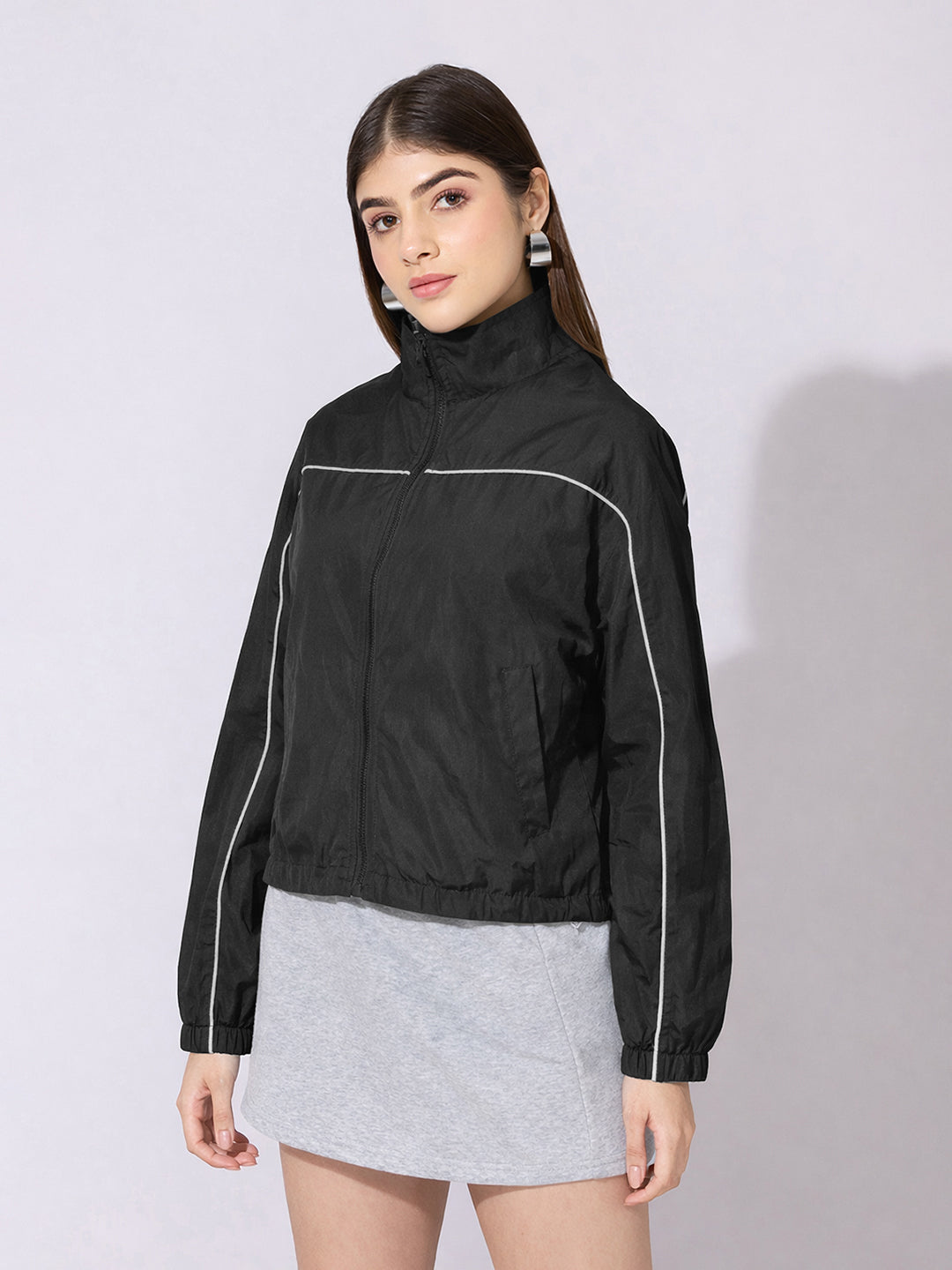 Women's Black Zip-Up Jacket with Contrast Piping