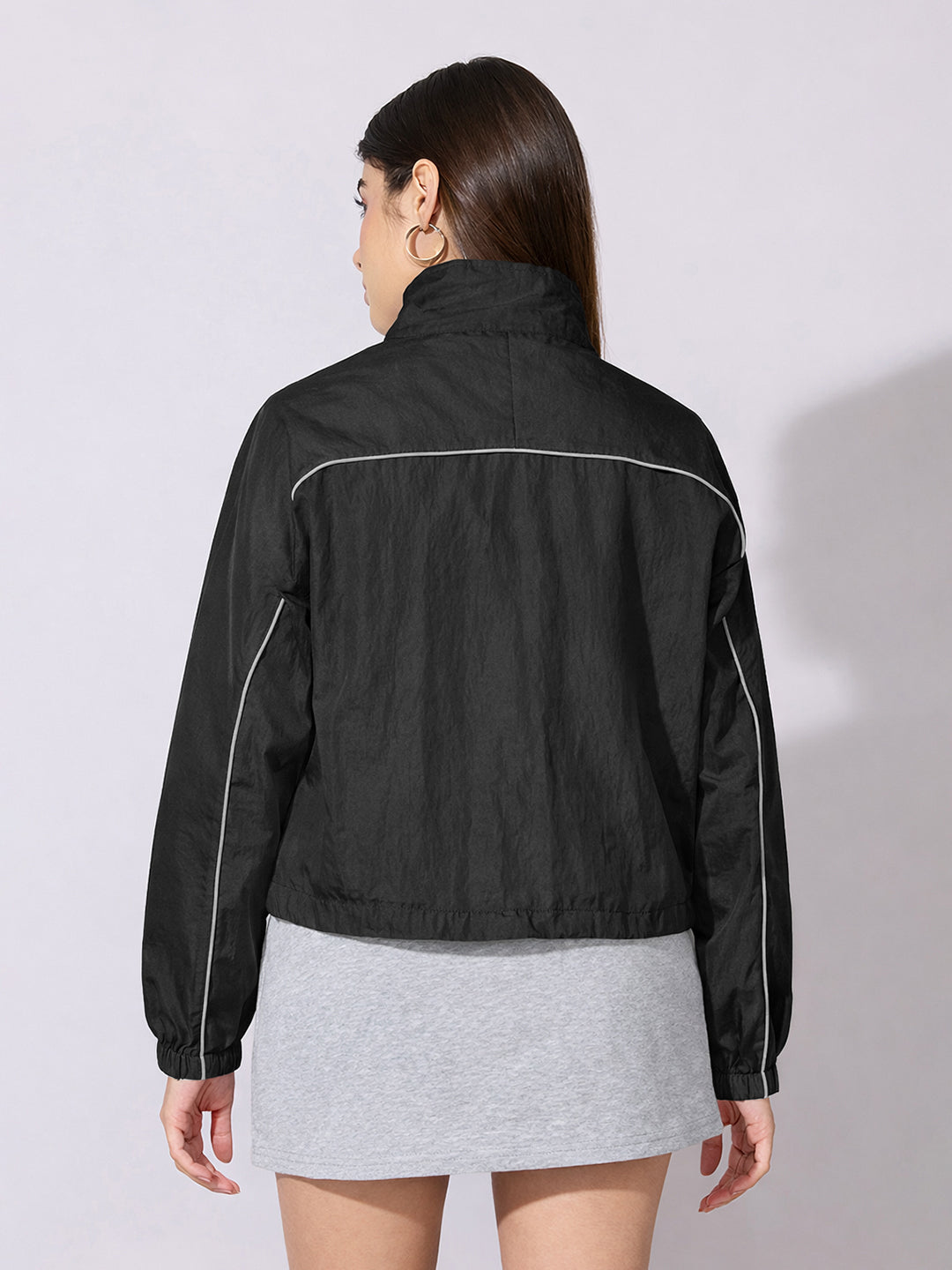 Women's Black Zip-Up Jacket with Contrast Piping