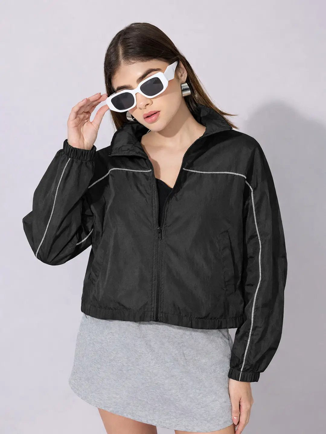 SHOWOFFFF Edition Women's Black Zip-Up Jacket with Contrast Piping