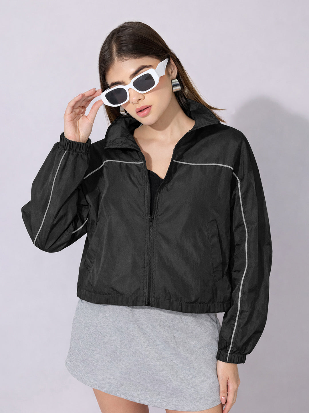 Women's Black Zip-Up Jacket with Contrast Piping