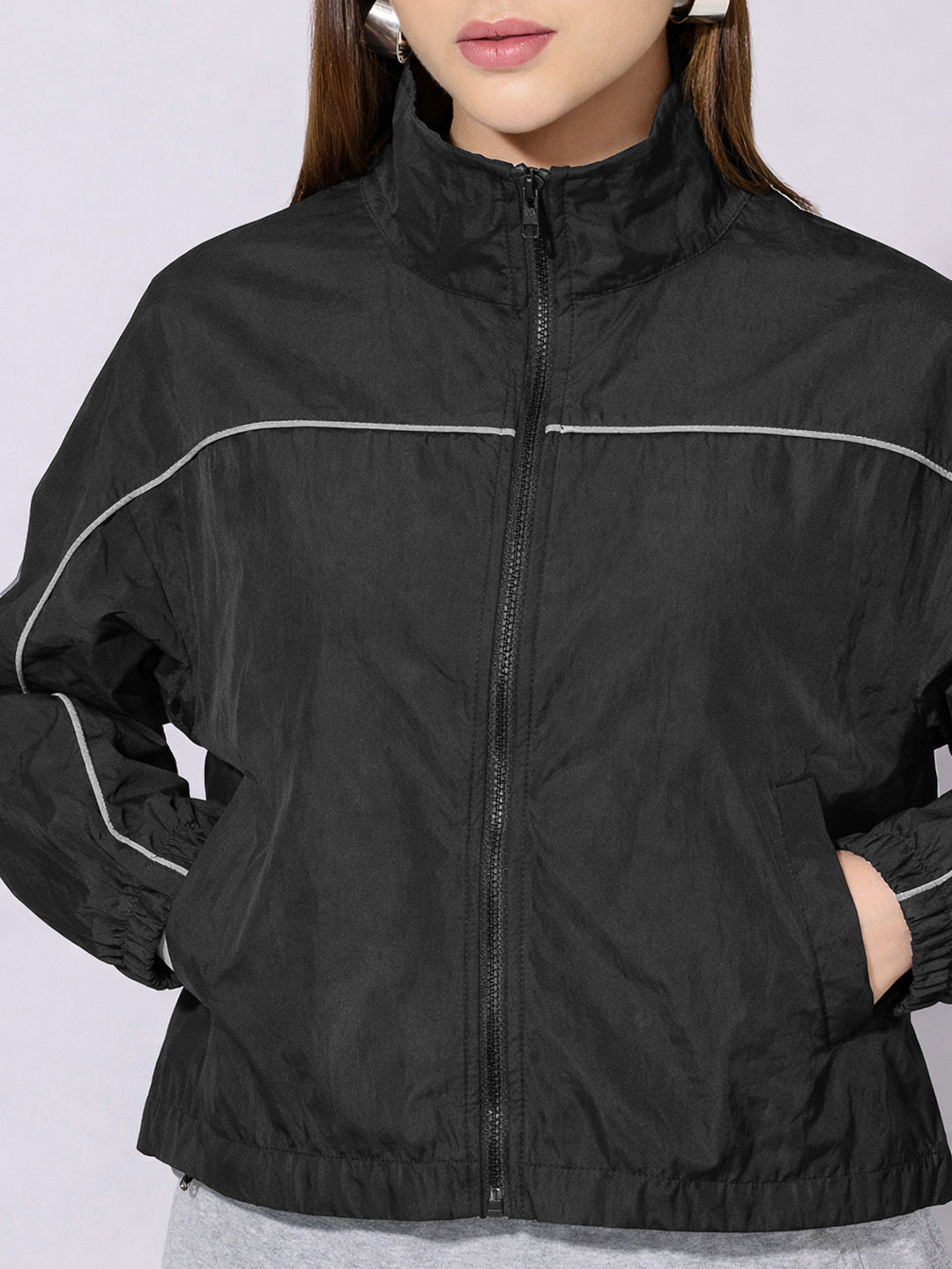 Women's Black Zip-Up Jacket with Contrast Piping