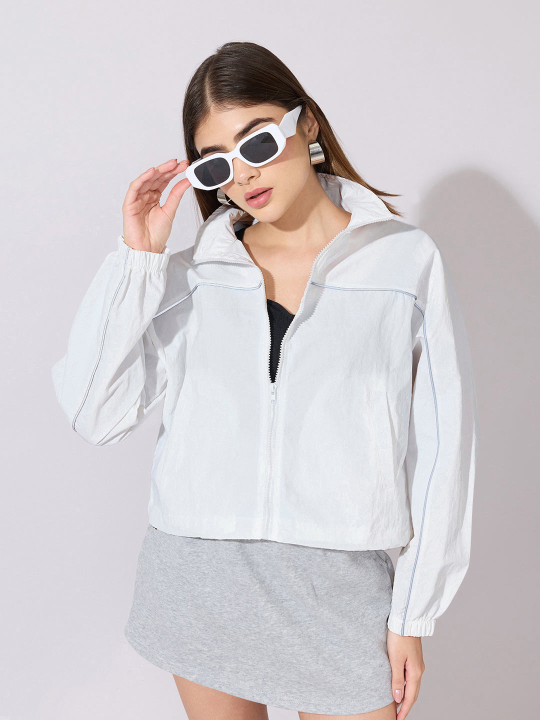 Women's White Zip-Up Jacket with Contrast Piping