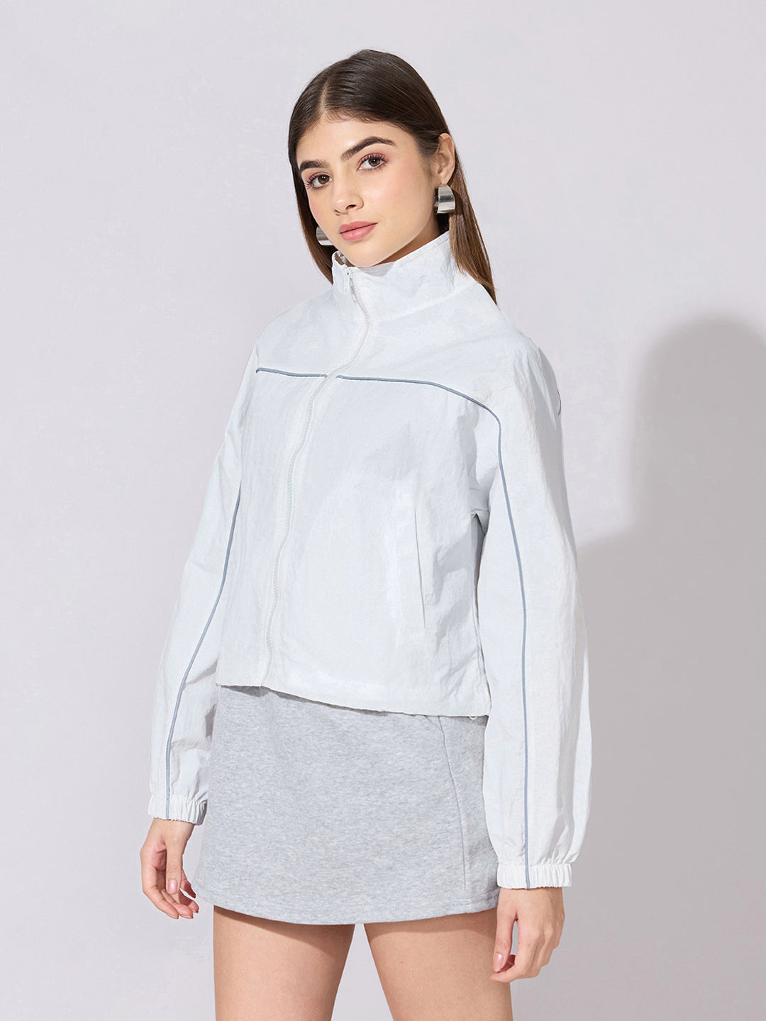 Women's White Zip-Up Jacket with Contrast Piping
