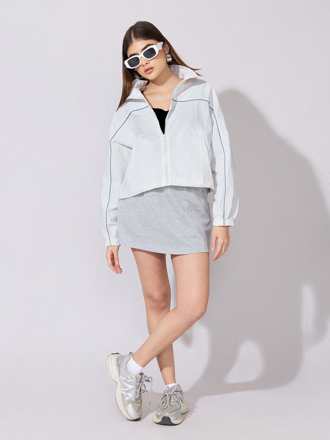 Women's White Zip-Up Jacket with Contrast Piping