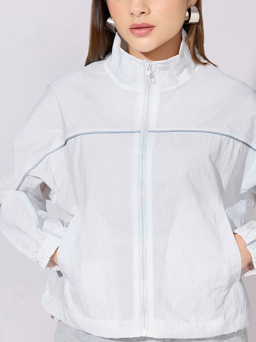 Women's White Zip-Up Jacket with Contrast Piping