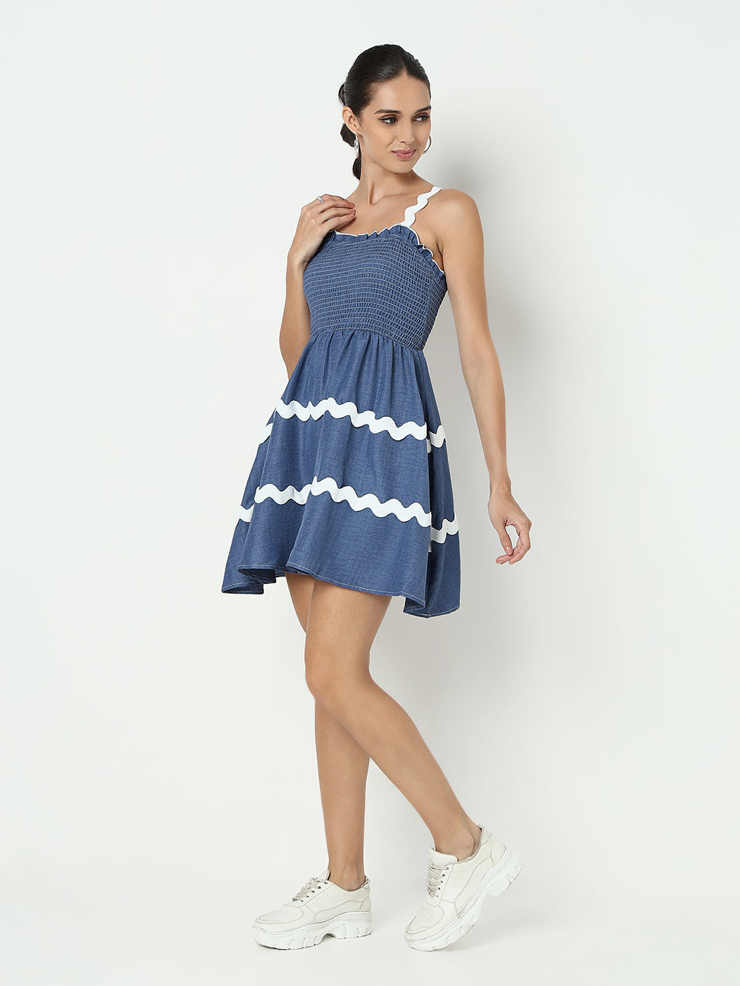 Women's Blue A-Line Mini Dress with Smocked Bodice and White Contrast Straps