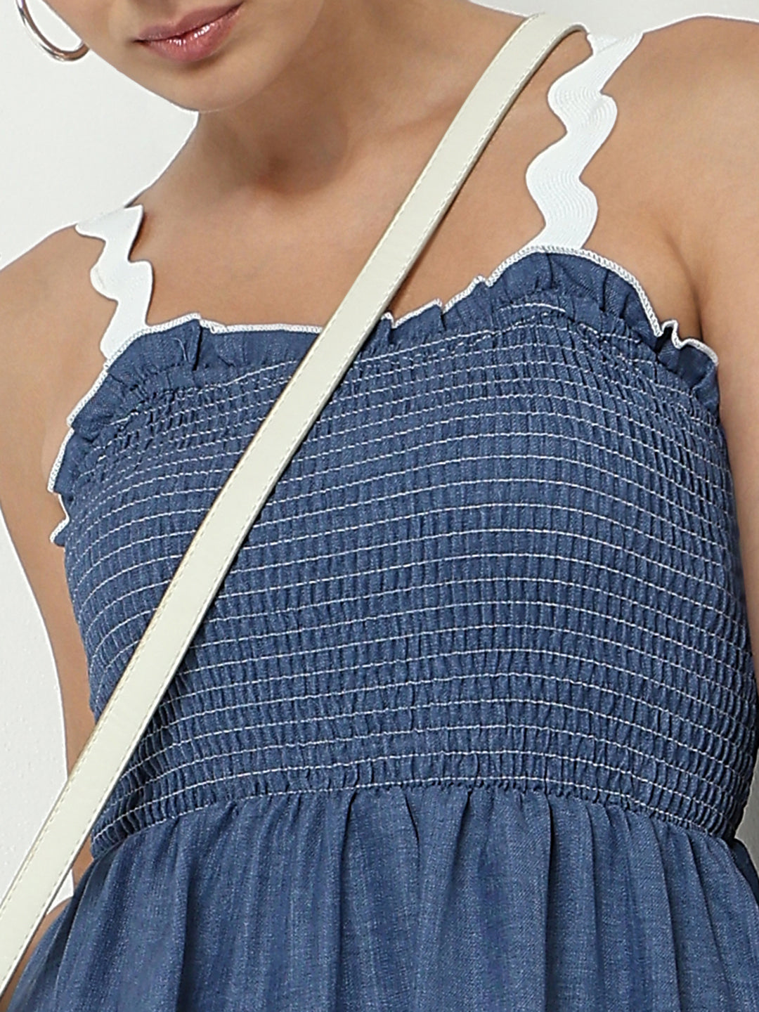 Women's Blue A-Line Mini Dress with Smocked Bodice and White Contrast Straps