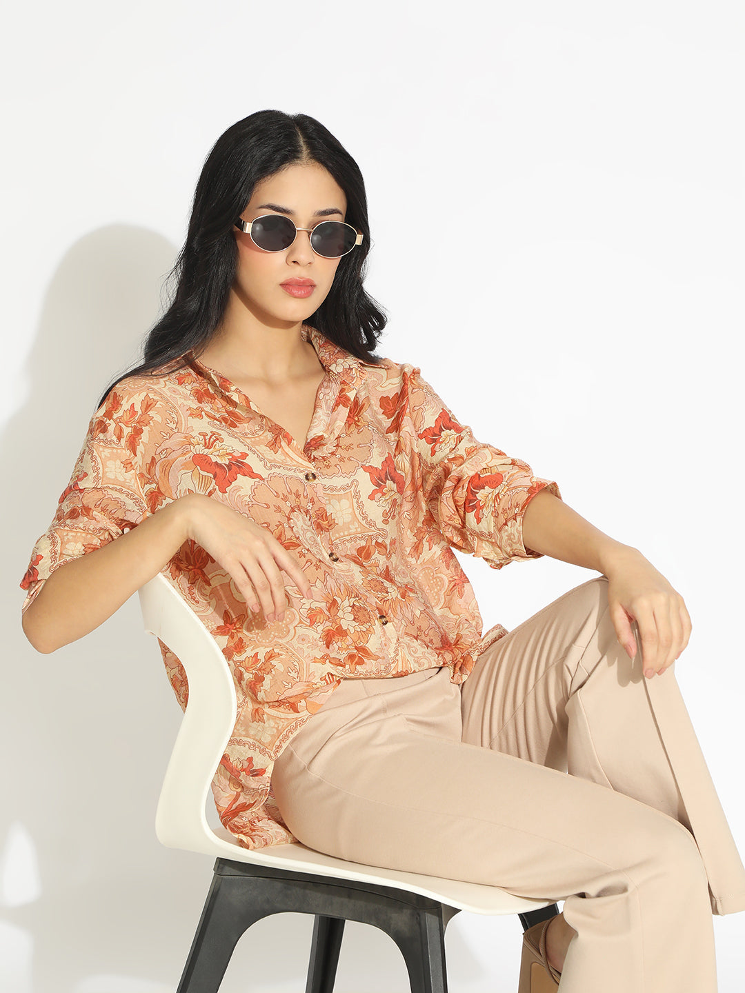 Women's Orange Floral Print Long Sleeve Shirt