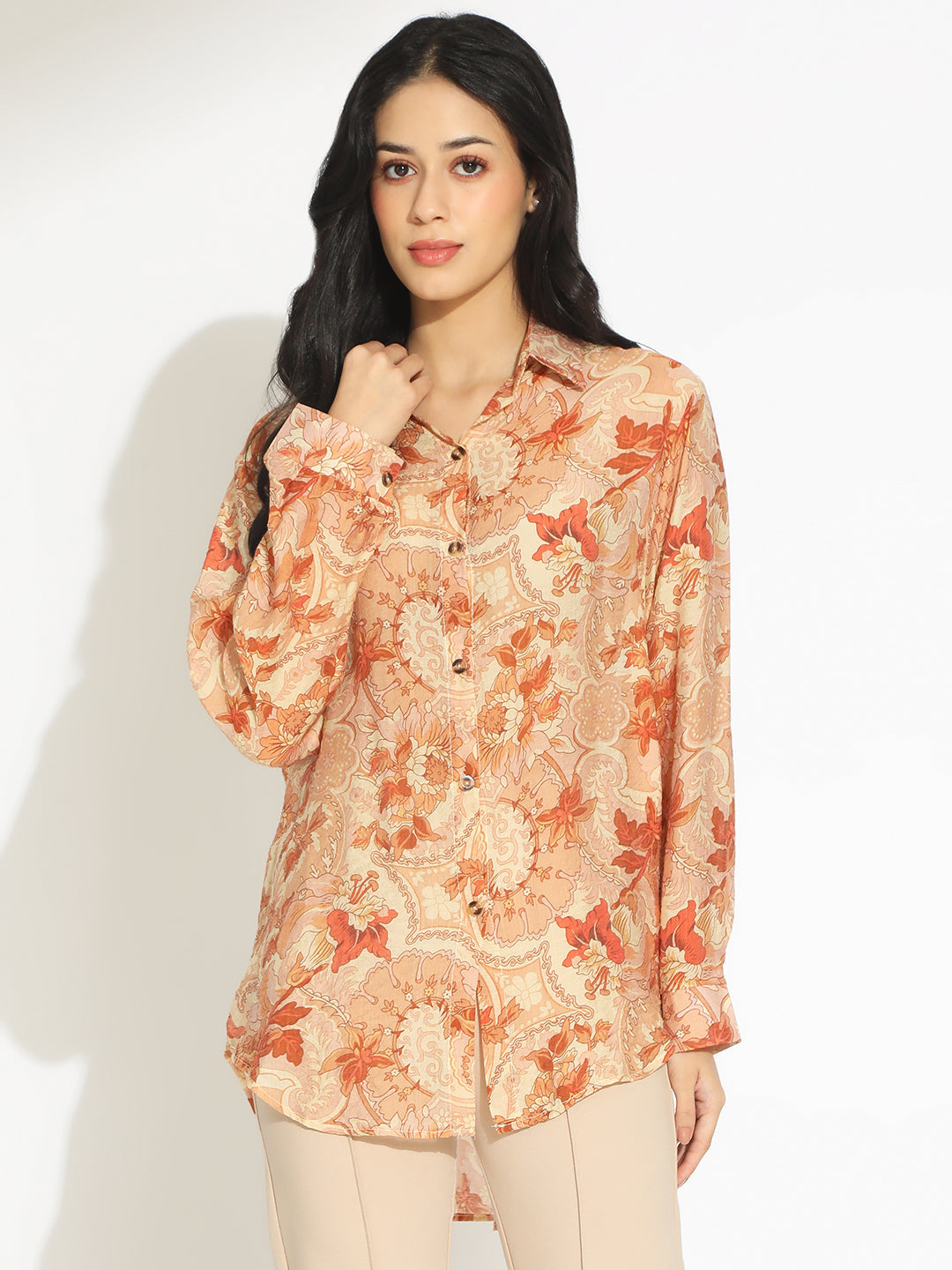 Women's Orange Floral Print Long Sleeve Shirt