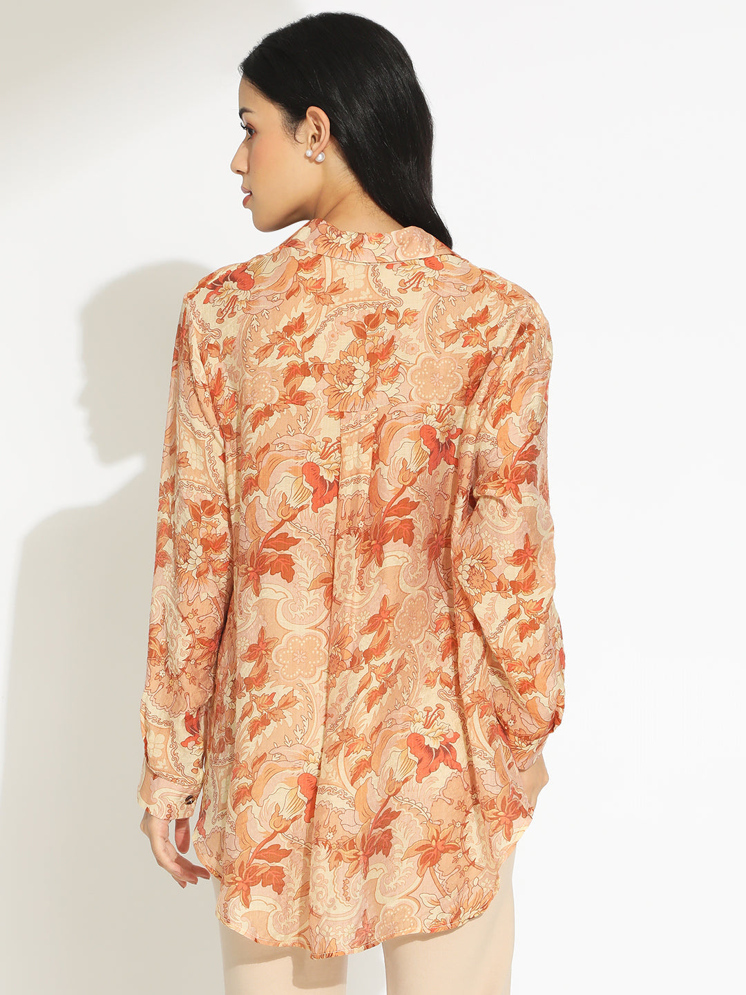 Women's Orange Floral Print Long Sleeve Shirt