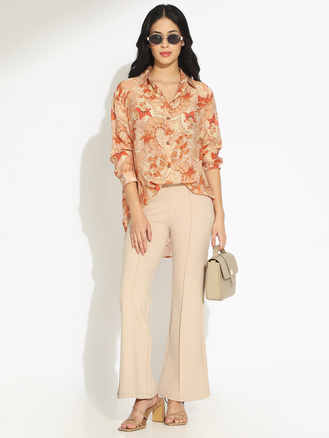 Women's Orange Floral Print Long Sleeve Shirt