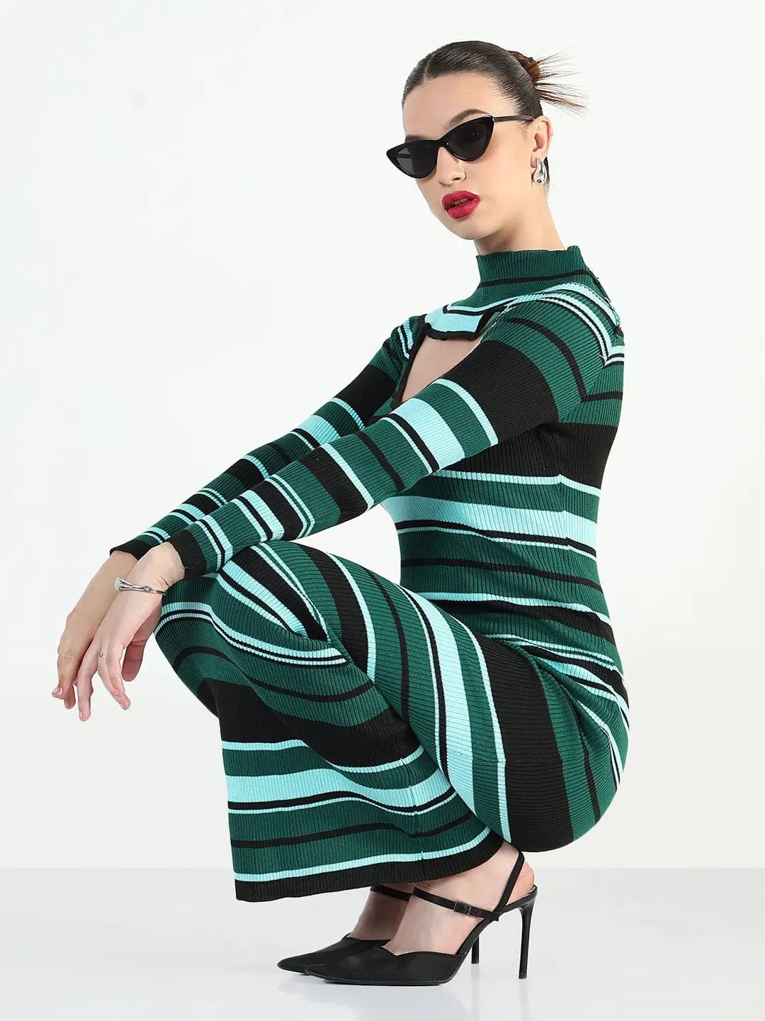 Shop Women's Ribbed Cut-Out Neck Striped Green Bodycon Dress| Showoffff Shop Women's Ribbed Cut-Out Neck Striped Green Bodycon Dress| Showoffff